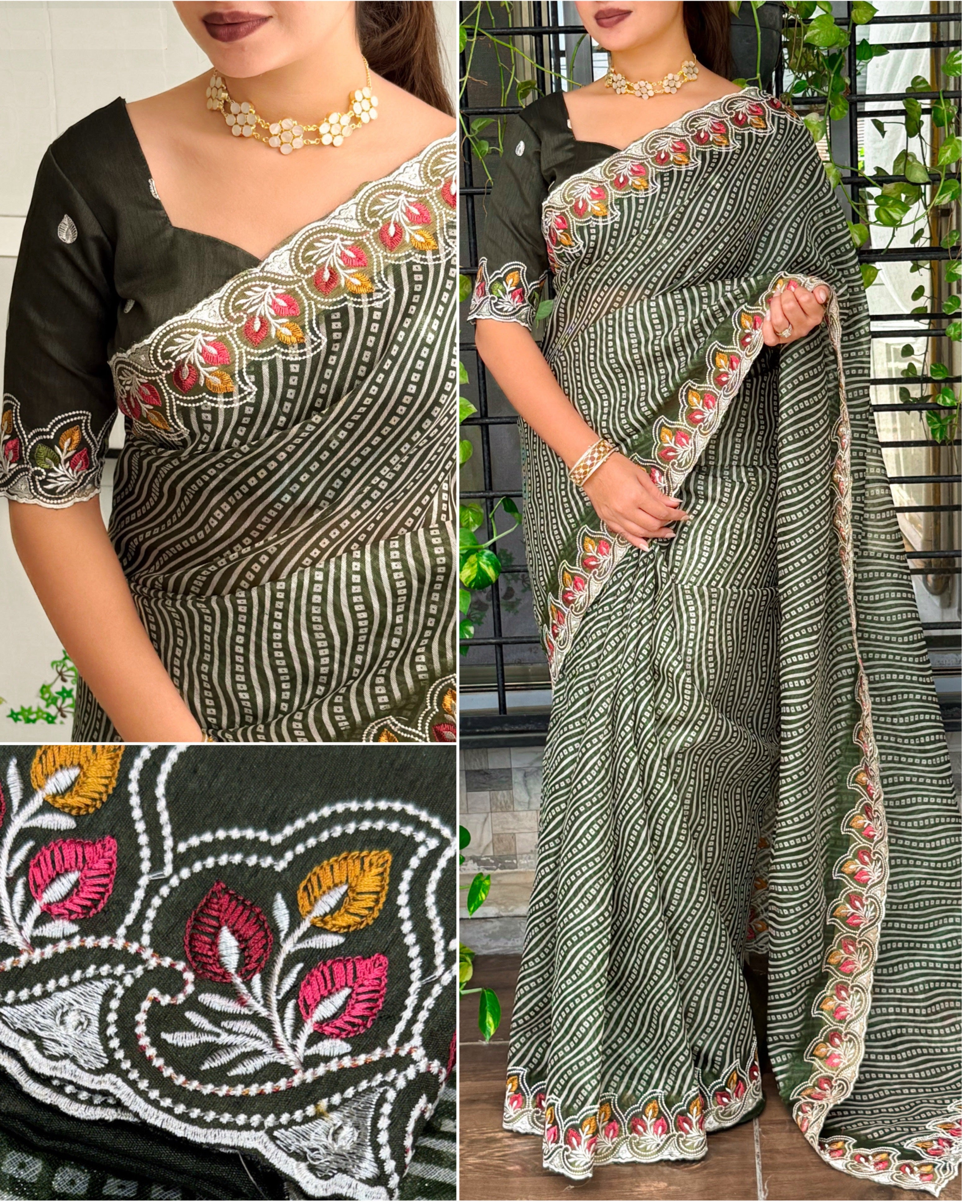 Imaginative Party Wear Cotton Satin Bandhej Print n Embroidered Work With Zari Border Fancy Saree
