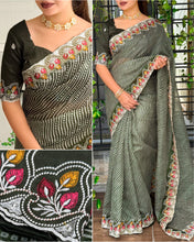 Load image into Gallery viewer, Imaginative Party Wear Cotton Satin Bandhej Print n Embroidered Work With Zari Border Fancy Saree
