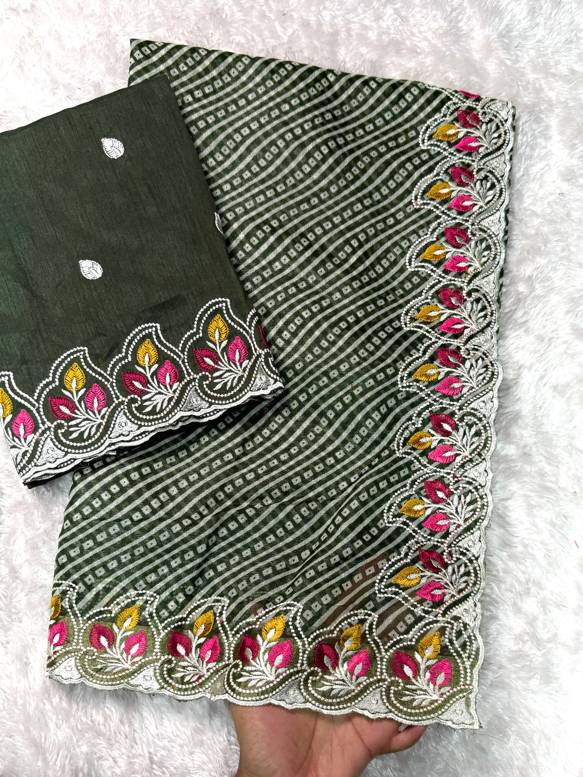 Imaginative Party Wear Cotton Satin Bandhej Print n Embroidered Work With Zari Border Fancy Saree