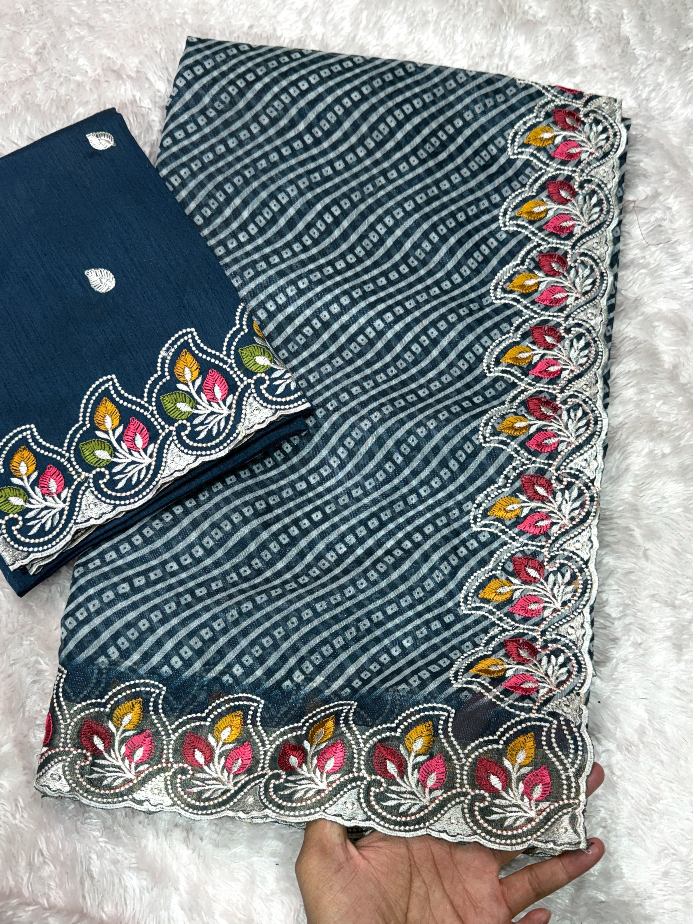 Imaginative Party Wear Cotton Satin Bandhej Print n Embroidered Work With Zari Border Fancy Saree