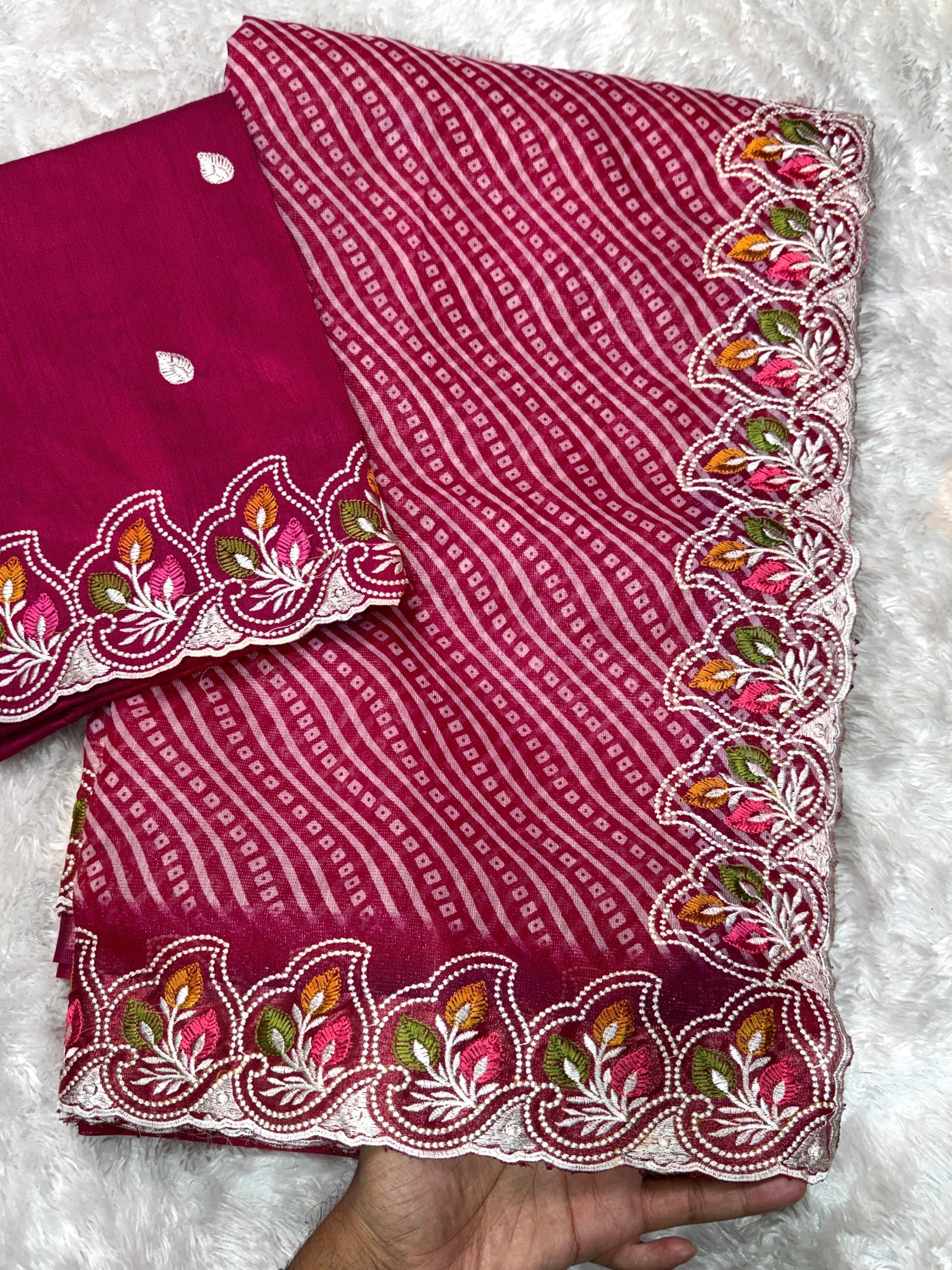 Imaginative Party Wear Cotton Satin Bandhej Print n Embroidered Work With Zari Border Fancy Saree