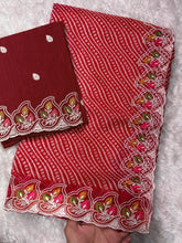 Load image into Gallery viewer, Imaginative Party Wear Cotton Satin Bandhej Print n Embroidered Work With Zari Border Fancy Saree
