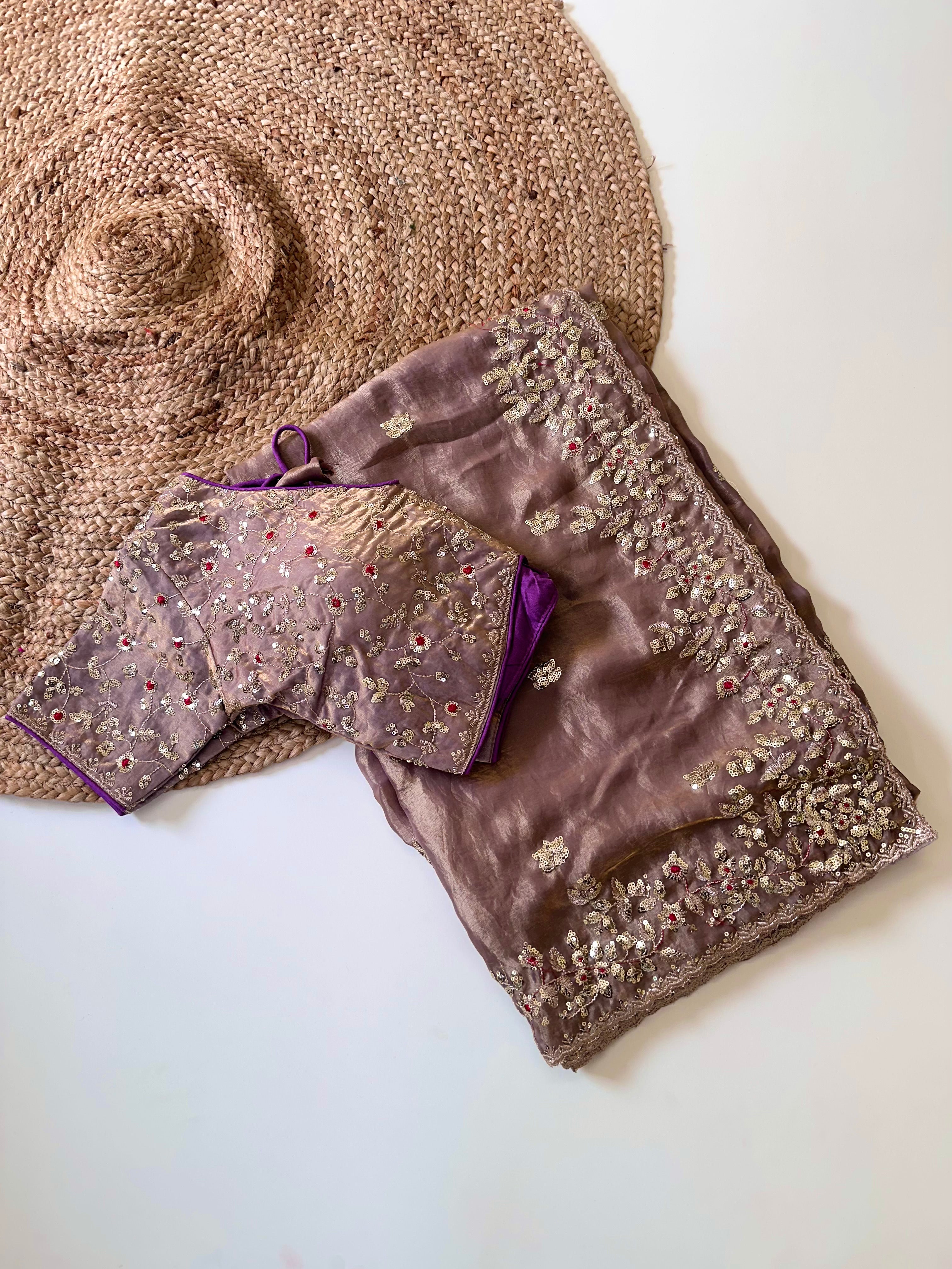 Glossy Wedding Wear Silk Embroidery n Sequence Work Arco Border Saree With Stitched Blouse