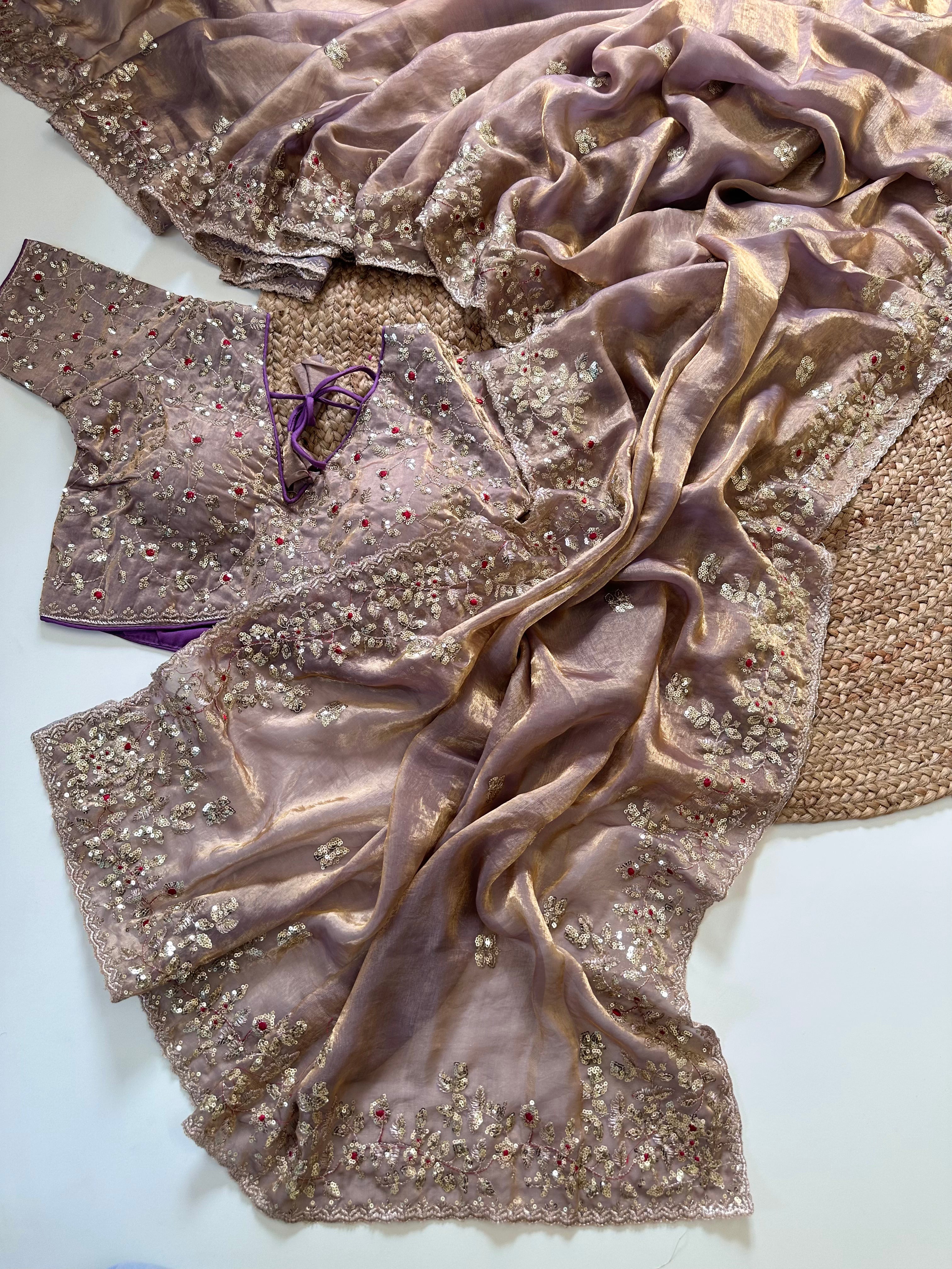 Glossy Wedding Wear Silk Embroidery n Sequence Work Arco Border Saree With Stitched Blouse
