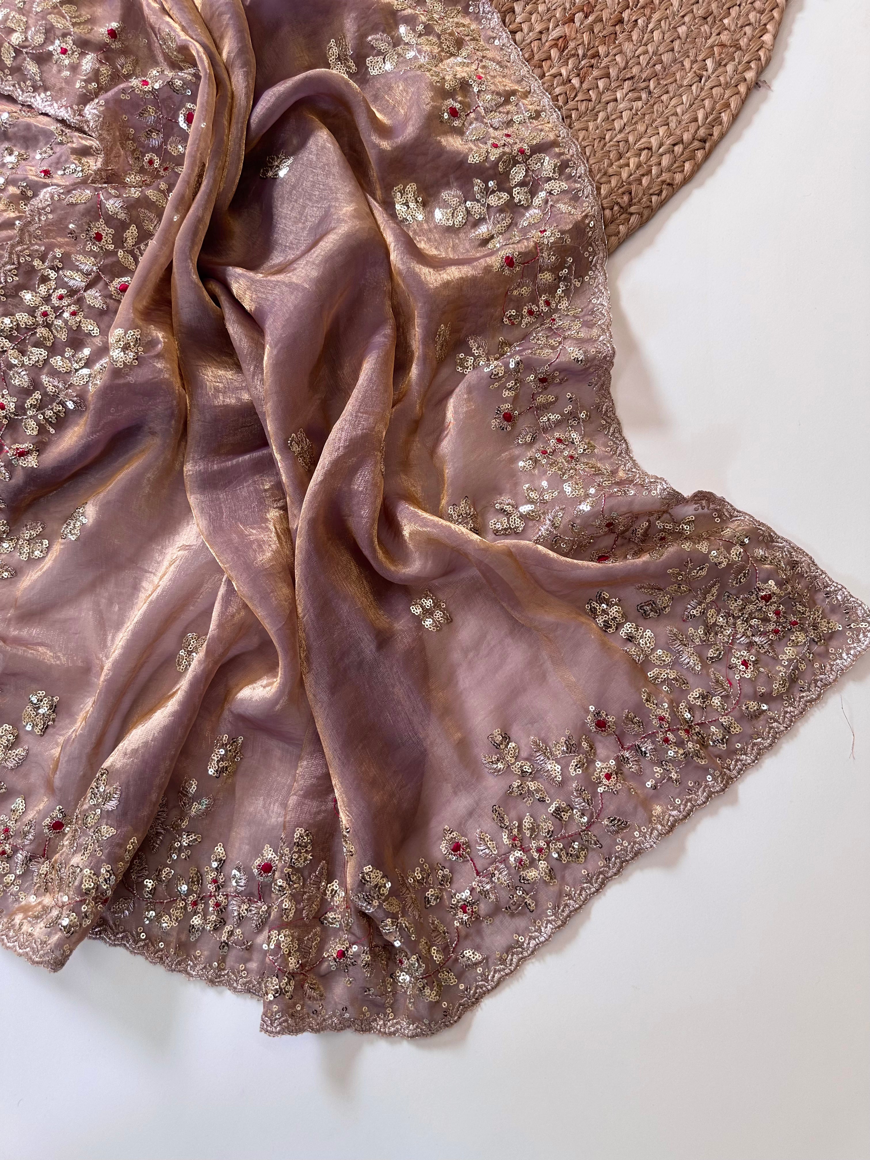 Glossy Wedding Wear Silk Embroidery n Sequence Work Arco Border Saree With Stitched Blouse
