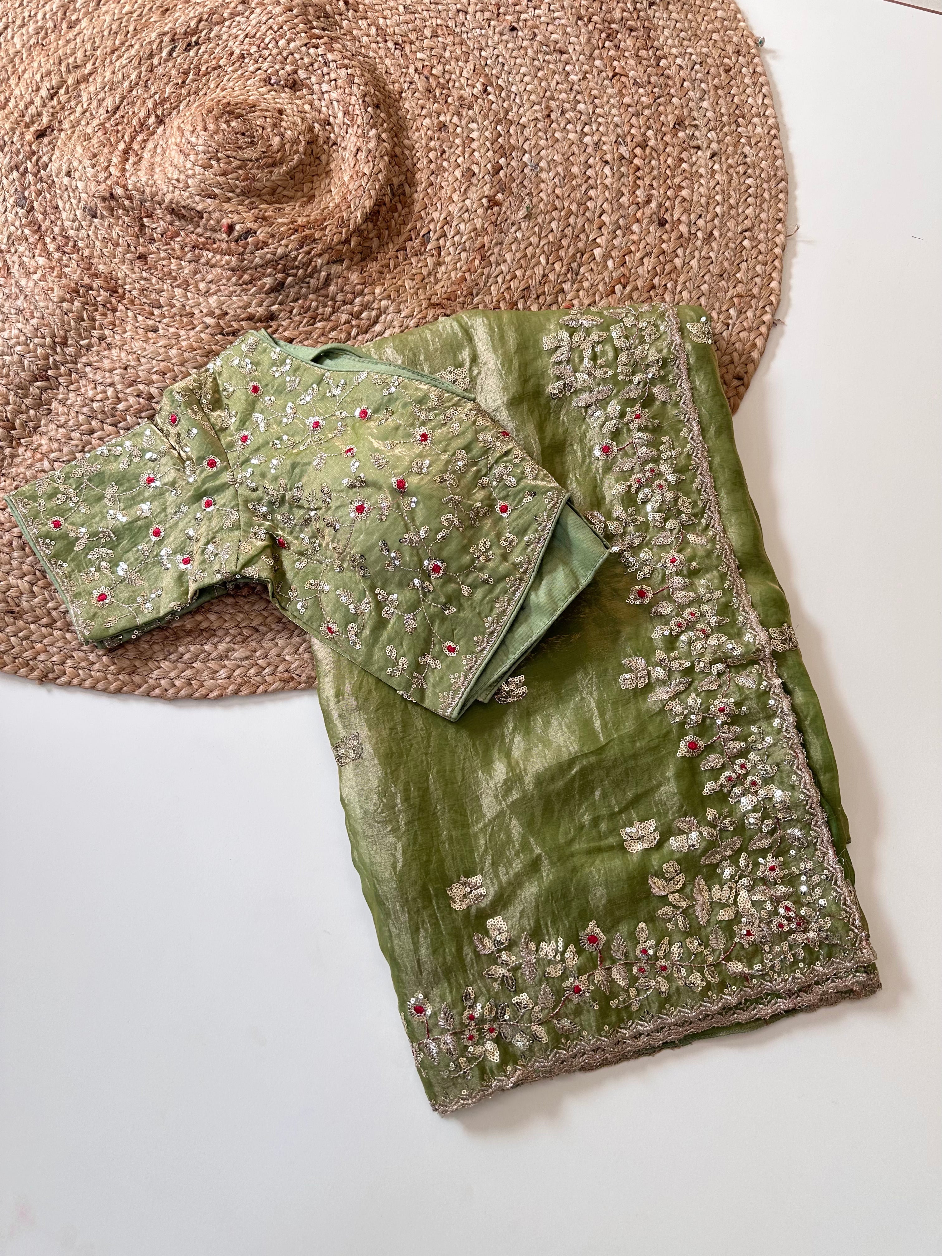 Glossy Wedding Wear Silk Embroidery n Sequence Work Arco Border Saree With Stitched Blouse