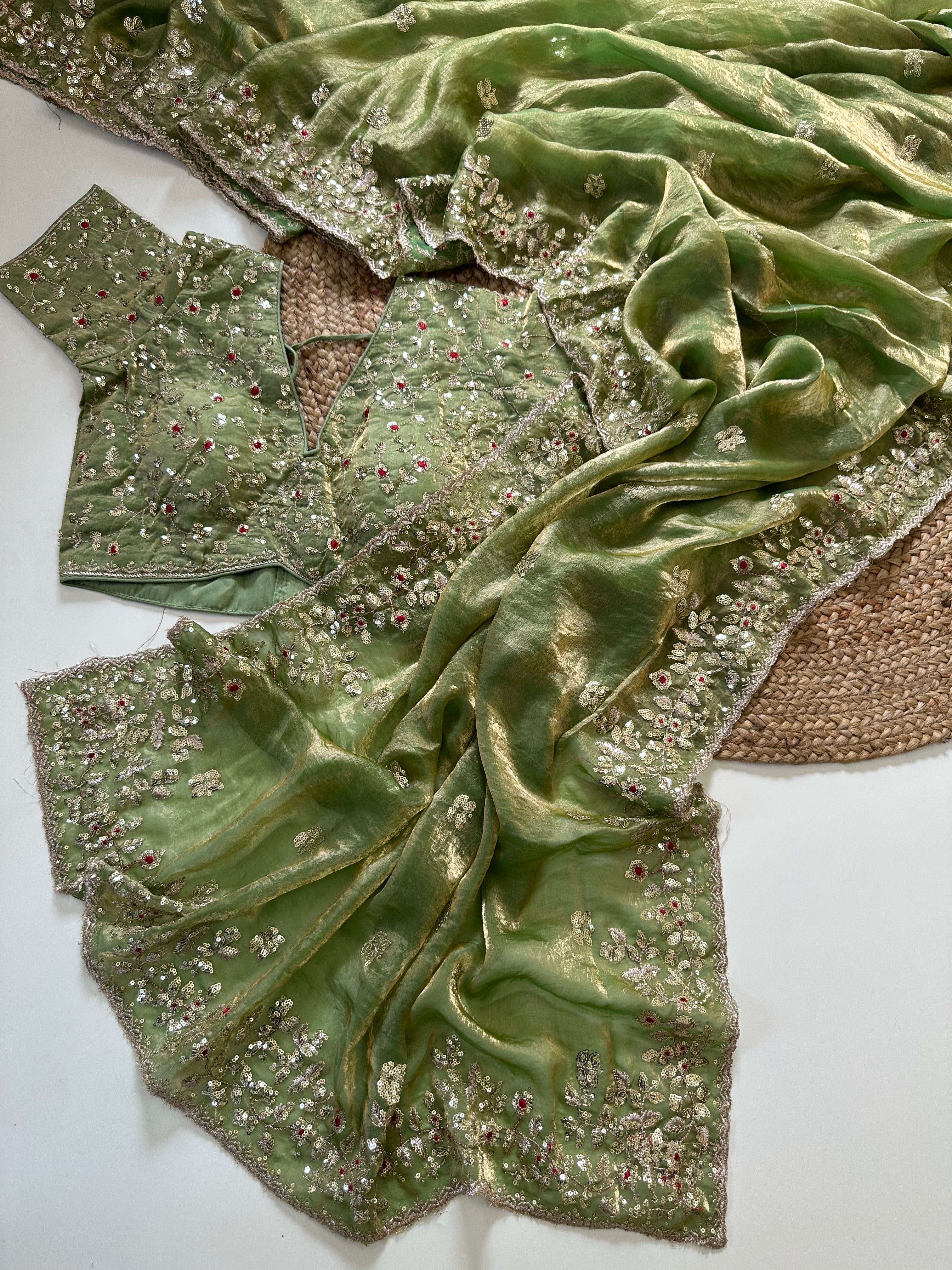 Impressive Wedding Wear Silk Embroidery n Sequence Work Arco Border Saree With Stitched Blouse