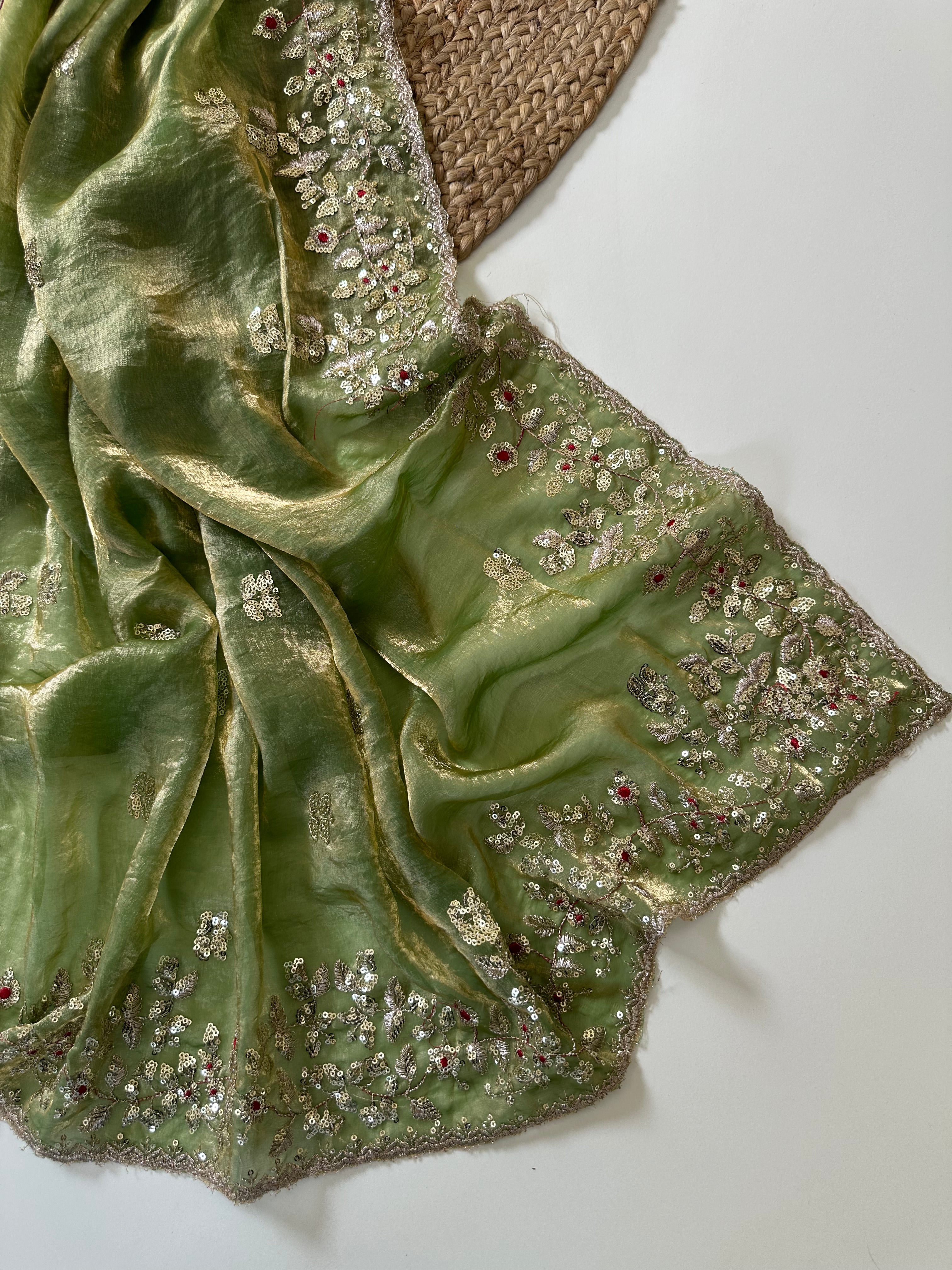 Glossy Wedding Wear Silk Embroidery n Sequence Work Arco Border Saree With Stitched Blouse