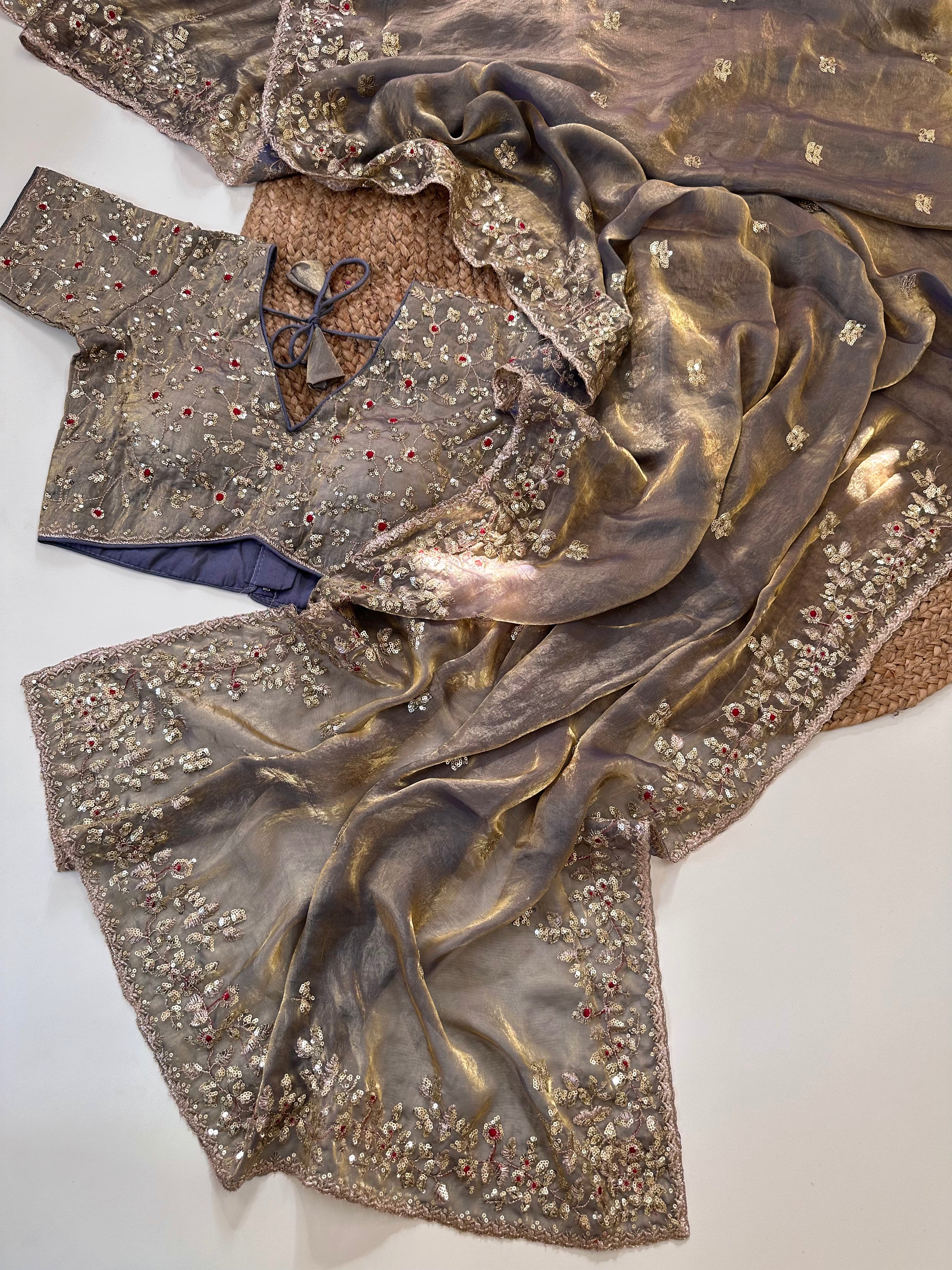 Glossy Wedding Wear Silk Embroidery n Sequence Work Arco Border Saree With Stitched Blouse