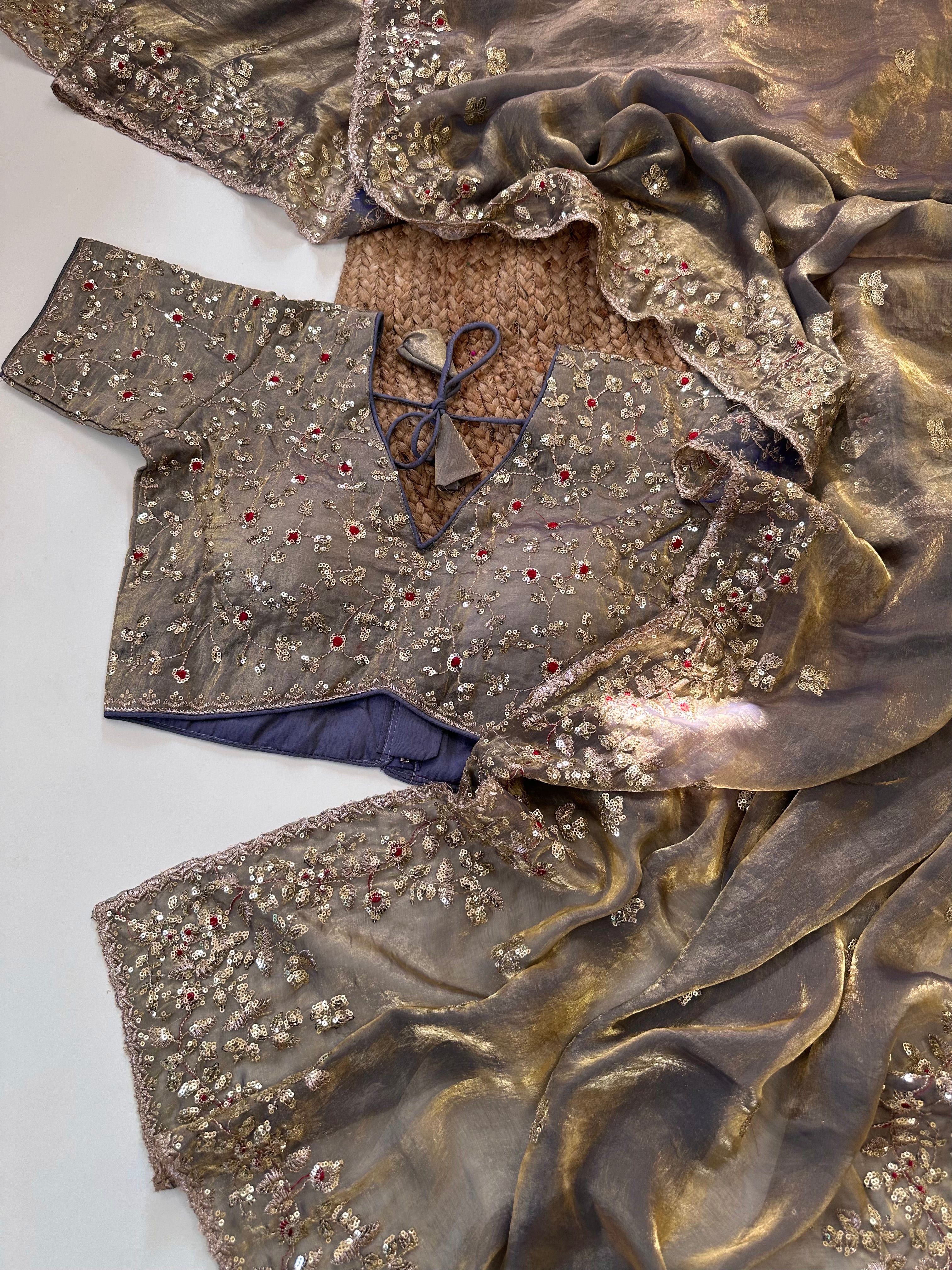 Glossy Wedding Wear Silk Embroidery n Sequence Work Arco Border Saree With Stitched Blouse