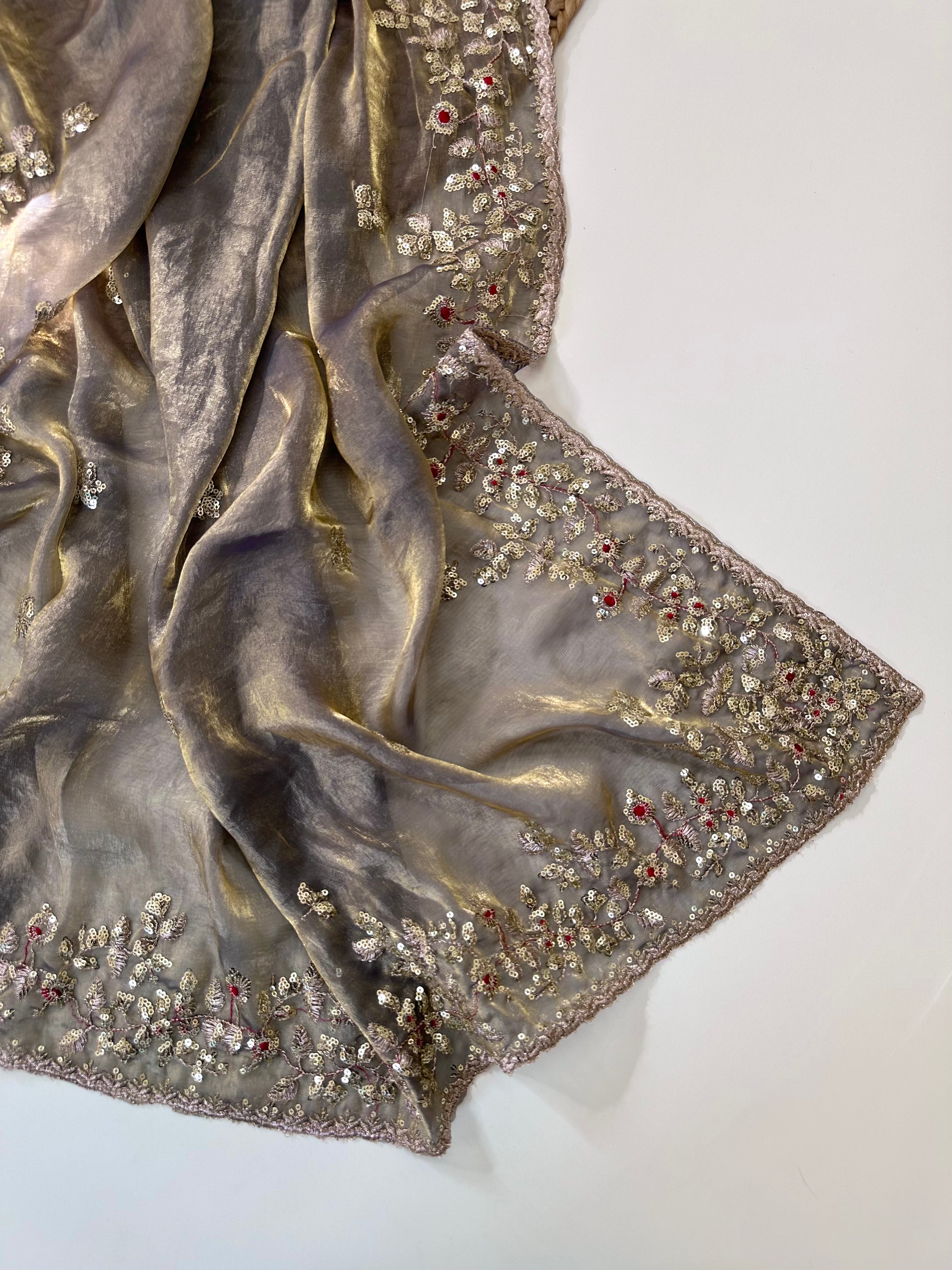 Glossy Wedding Wear Silk Embroidery n Sequence Work Arco Border Saree With Stitched Blouse