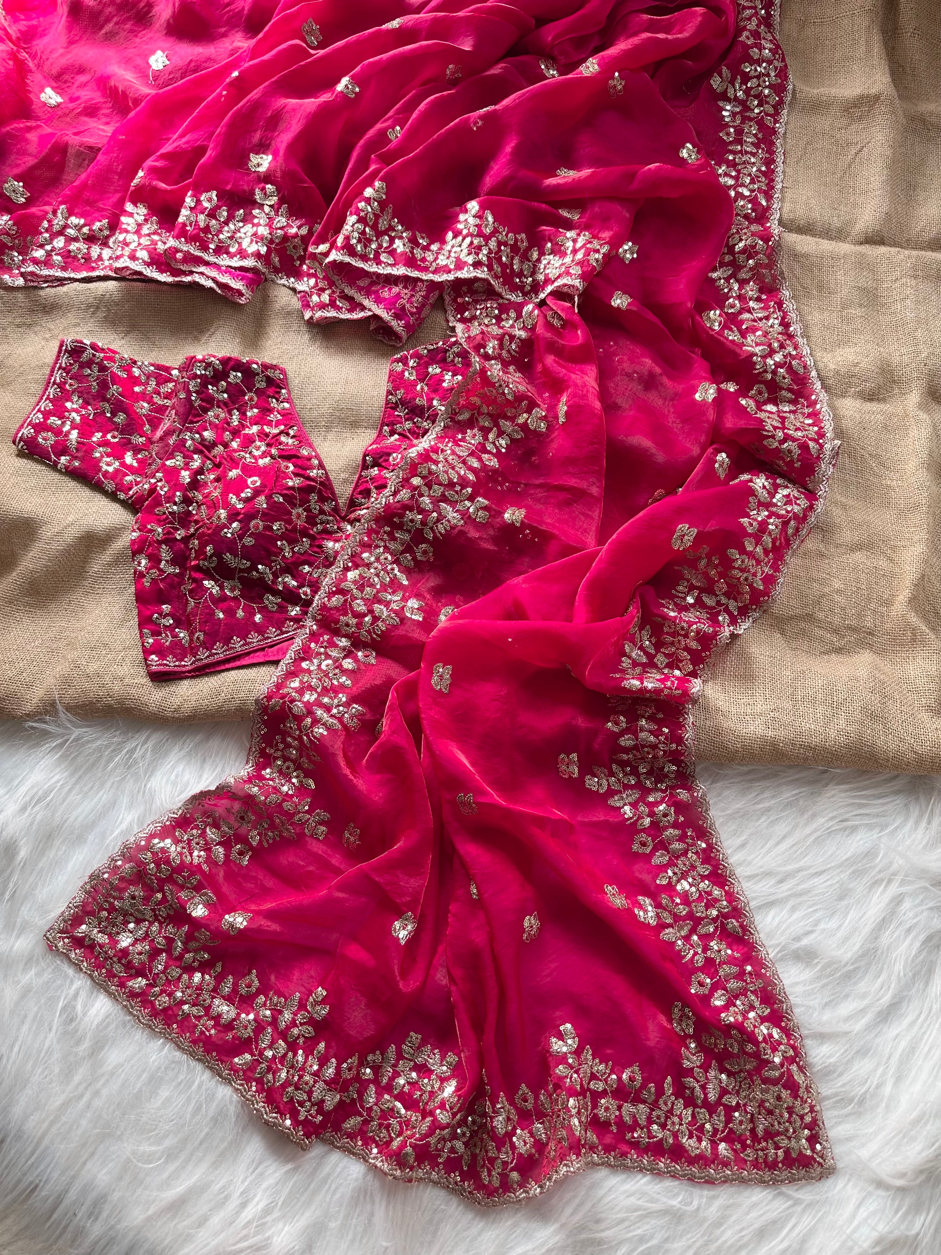 Glossy Wedding Wear Silk Embroidery n Sequence Work Arco Border Saree With Stitched Blouse