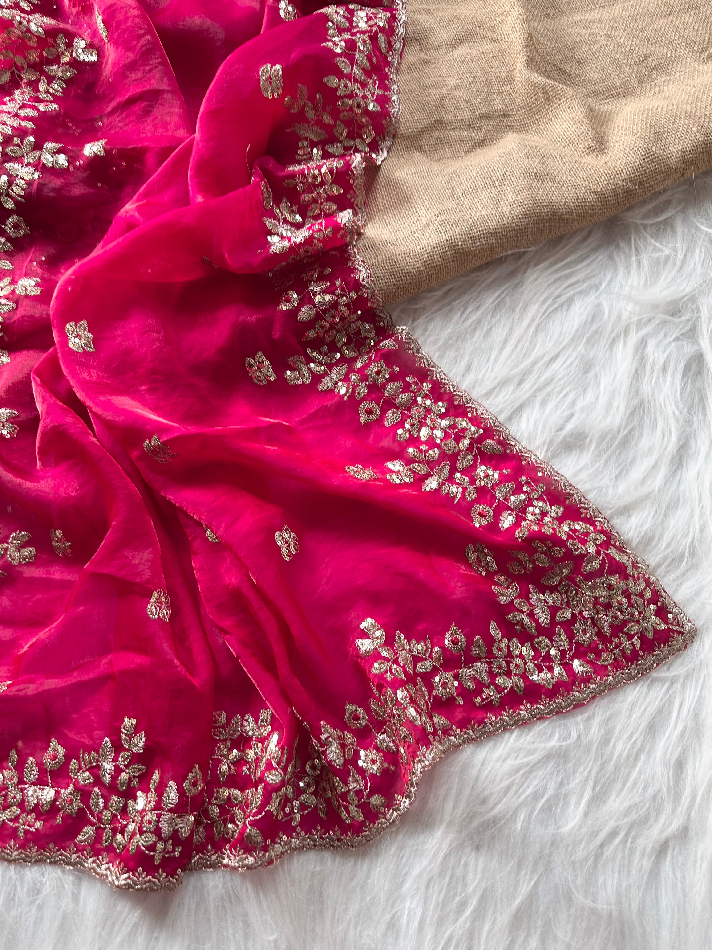 Glossy Wedding Wear Silk Embroidery n Sequence Work Arco Border Saree With Stitched Blouse
