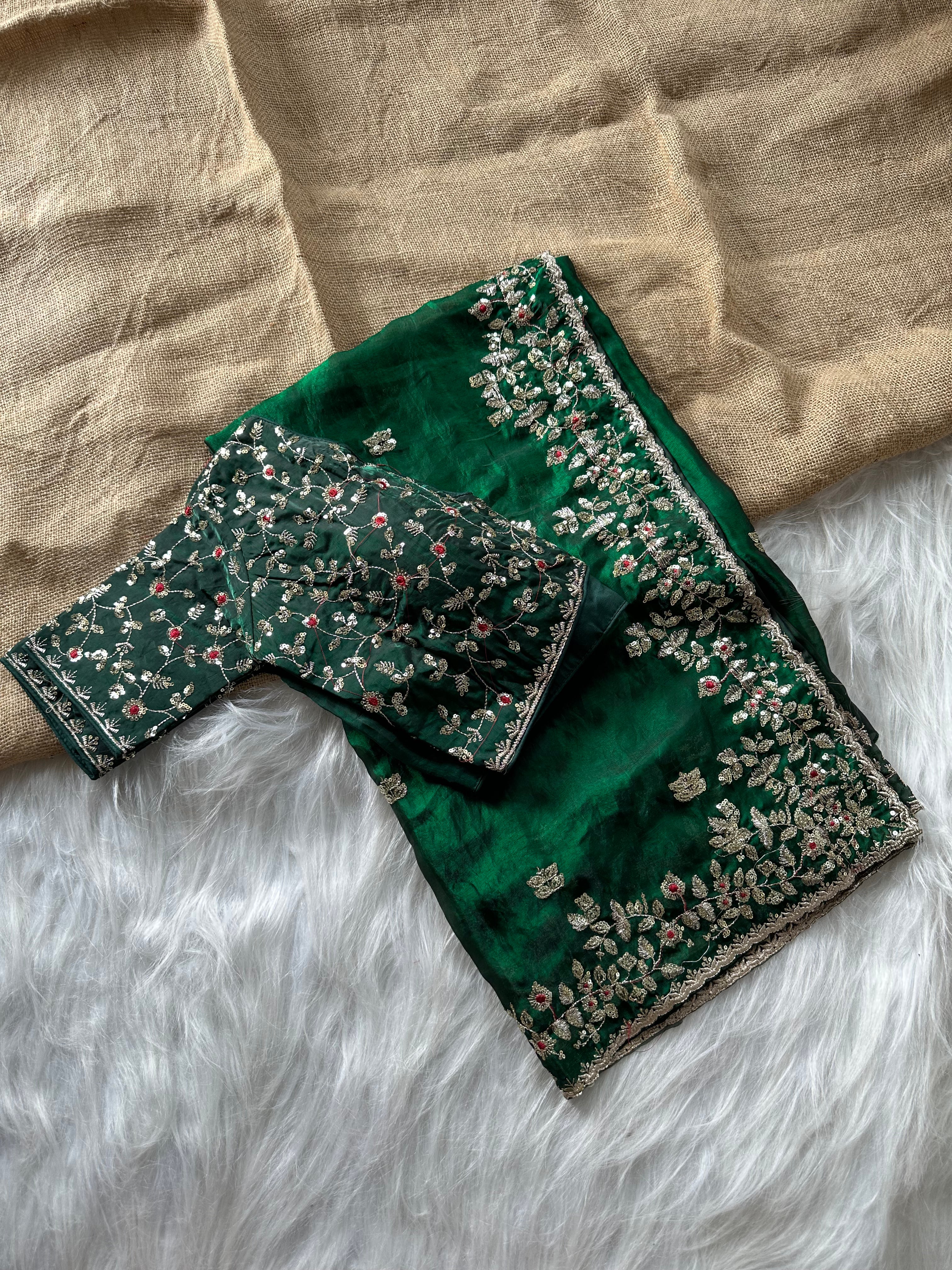 Glossy Wedding Wear Silk Embroidery n Sequence Work Arco Border Saree With Stitched Blouse
