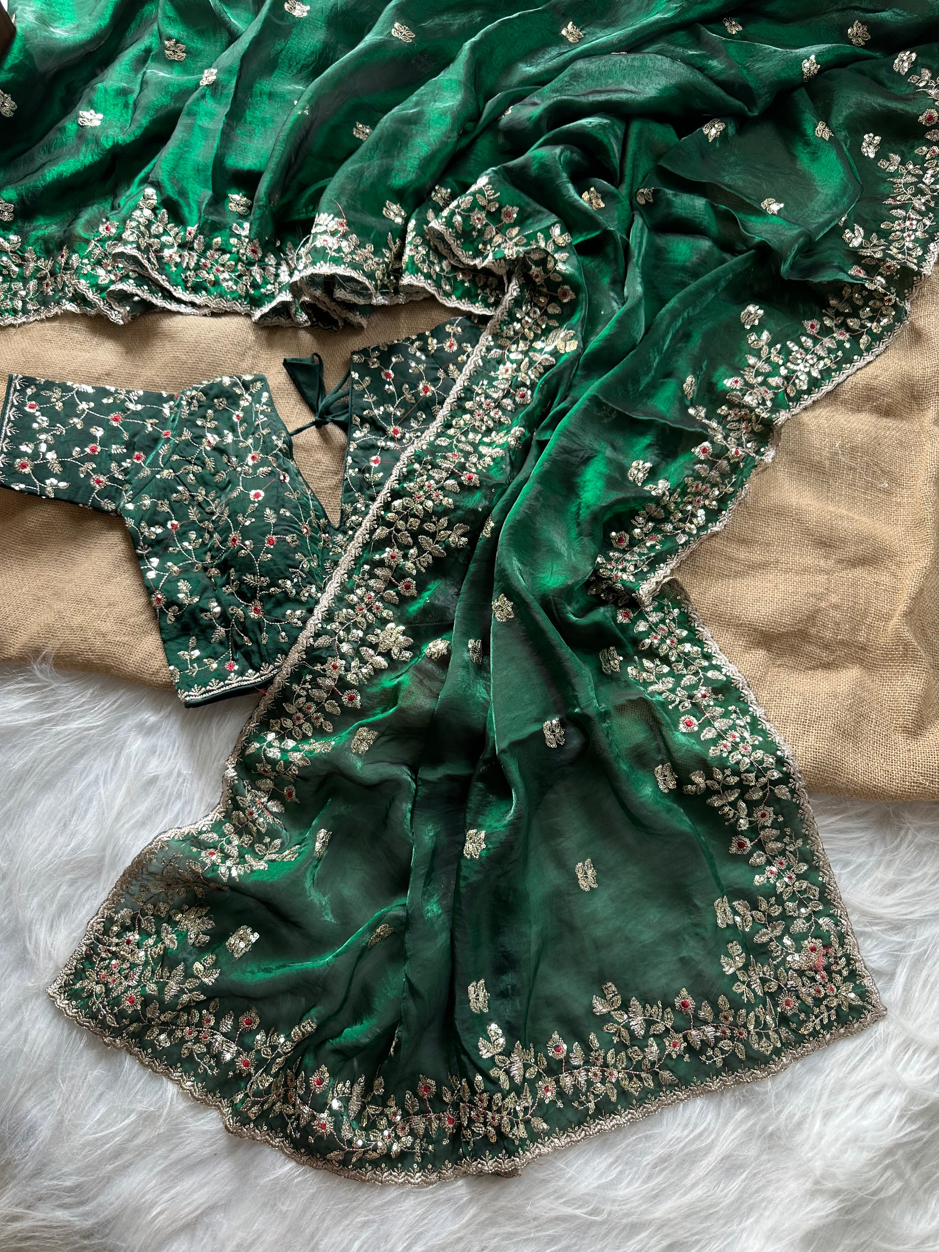 Glossy Wedding Wear Silk Embroidery n Sequence Work Arco Border Saree With Stitched Blouse