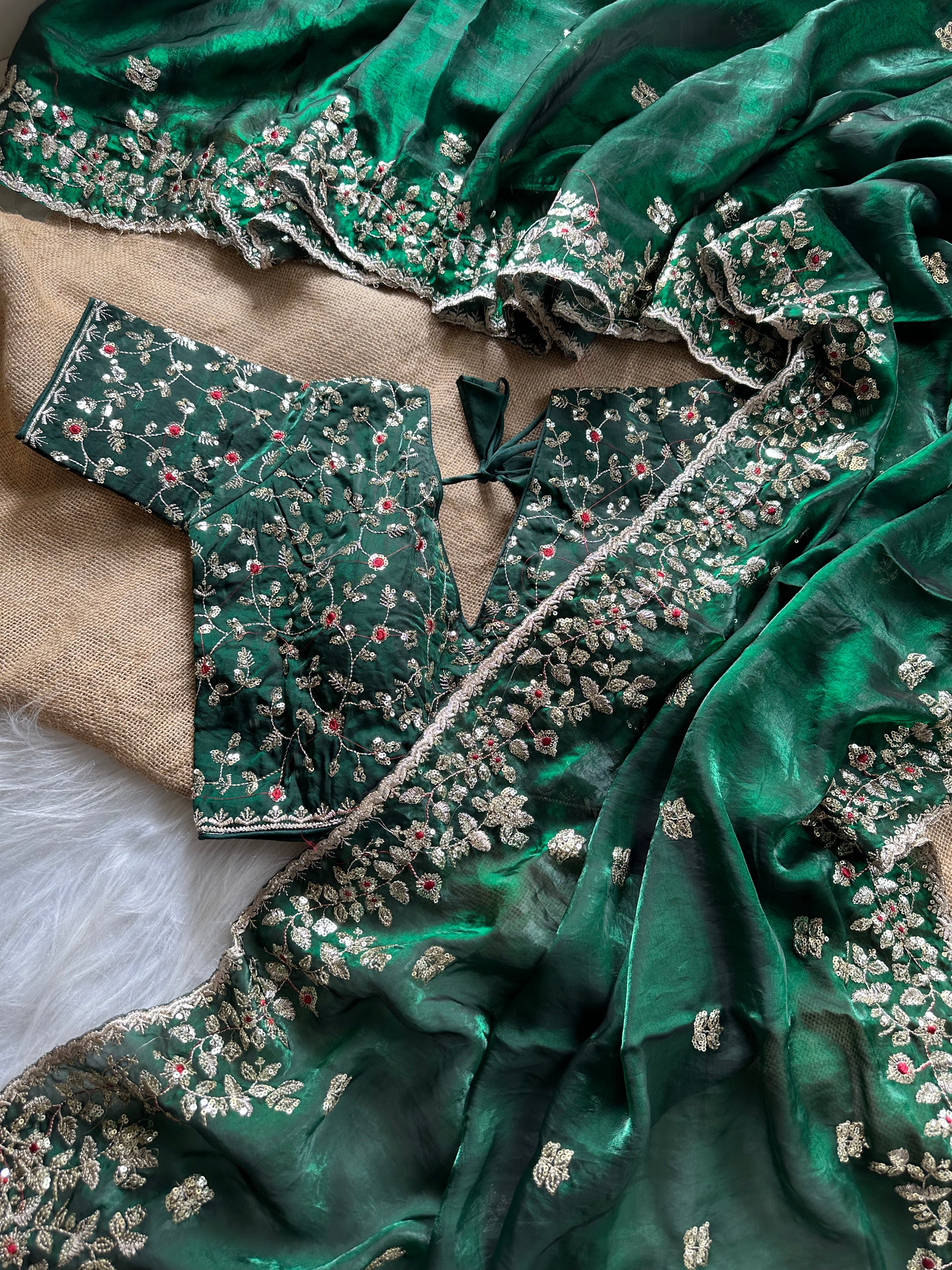 Glossy Wedding Wear Silk Embroidery n Sequence Work Arco Border Saree With Stitched Blouse