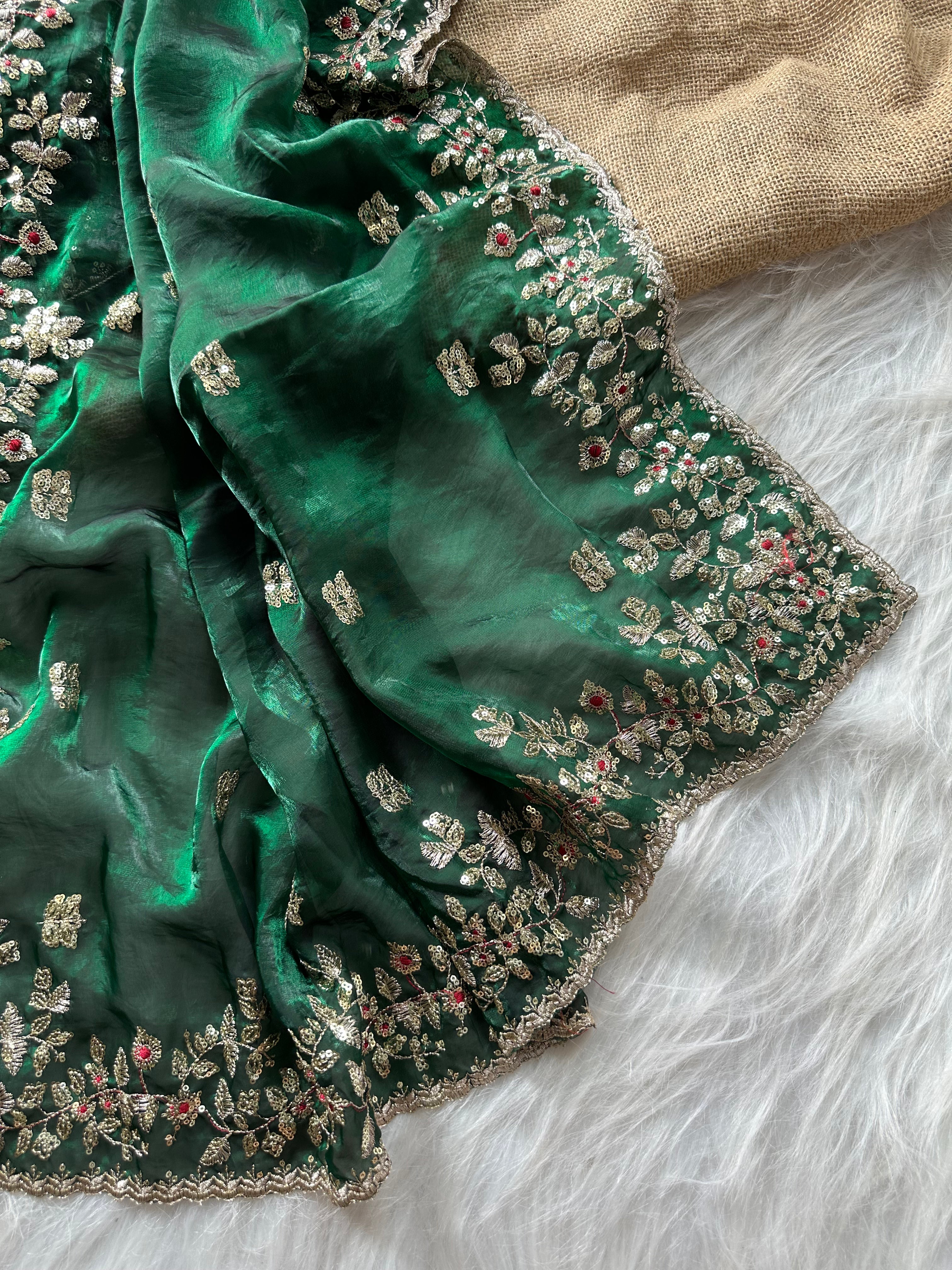 Glossy Wedding Wear Silk Embroidery n Sequence Work Arco Border Saree With Stitched Blouse