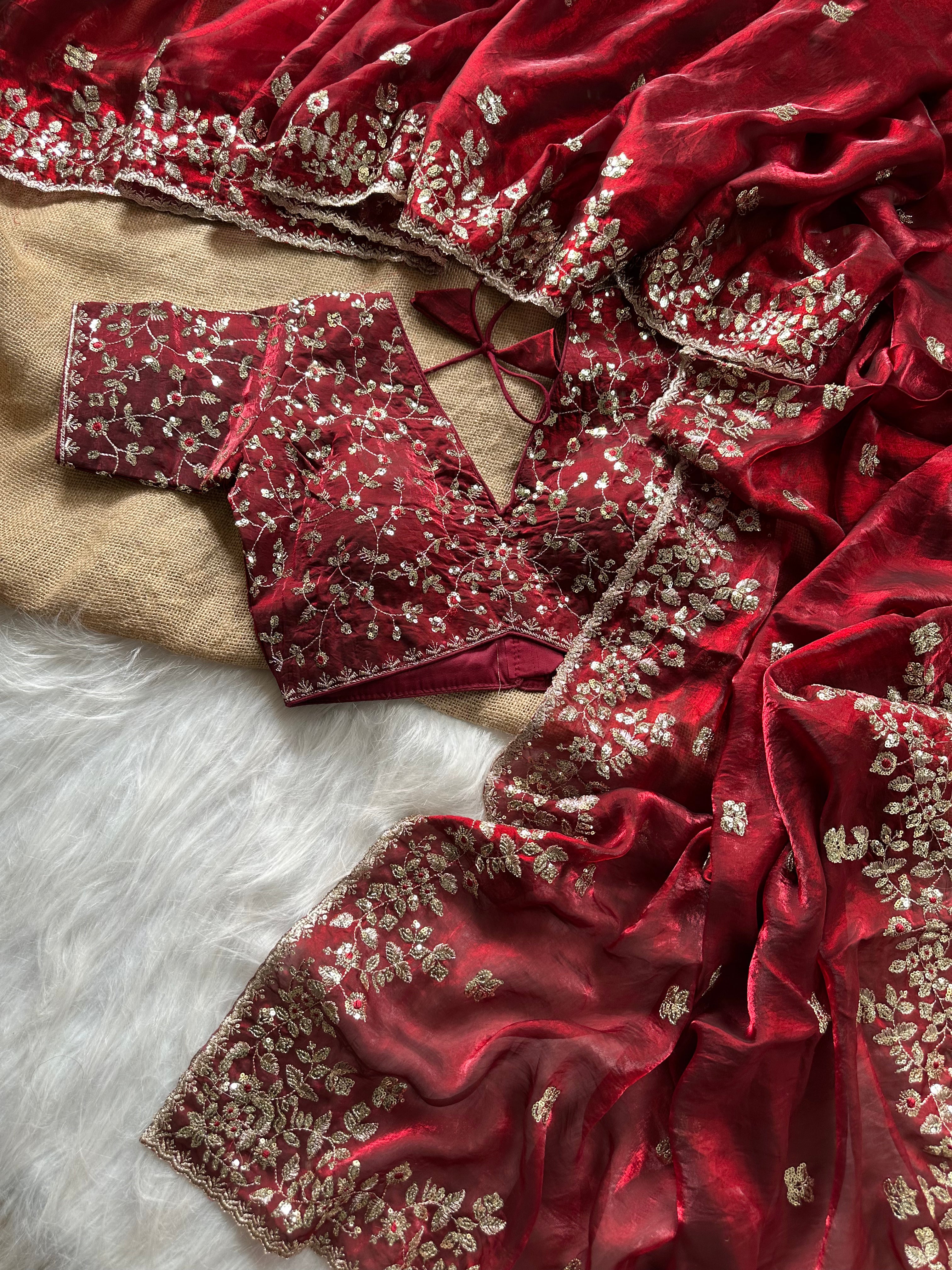 Glossy Wedding Wear Silk Embroidery n Sequence Work Arco Border Saree With Stitched Blouse