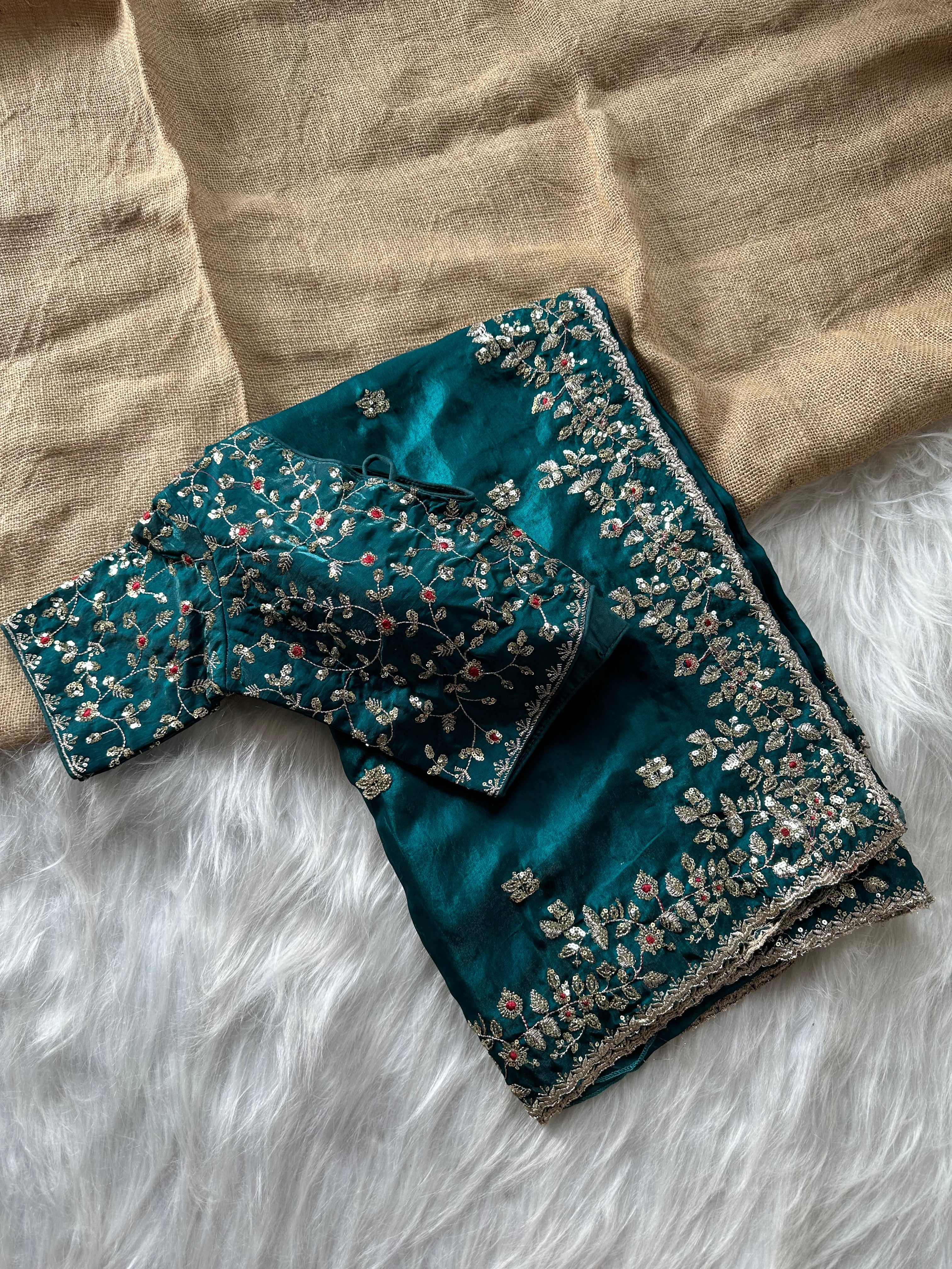 Glossy Wedding Wear Silk Embroidery n Sequence Work Arco Border Saree With Stitched Blouse