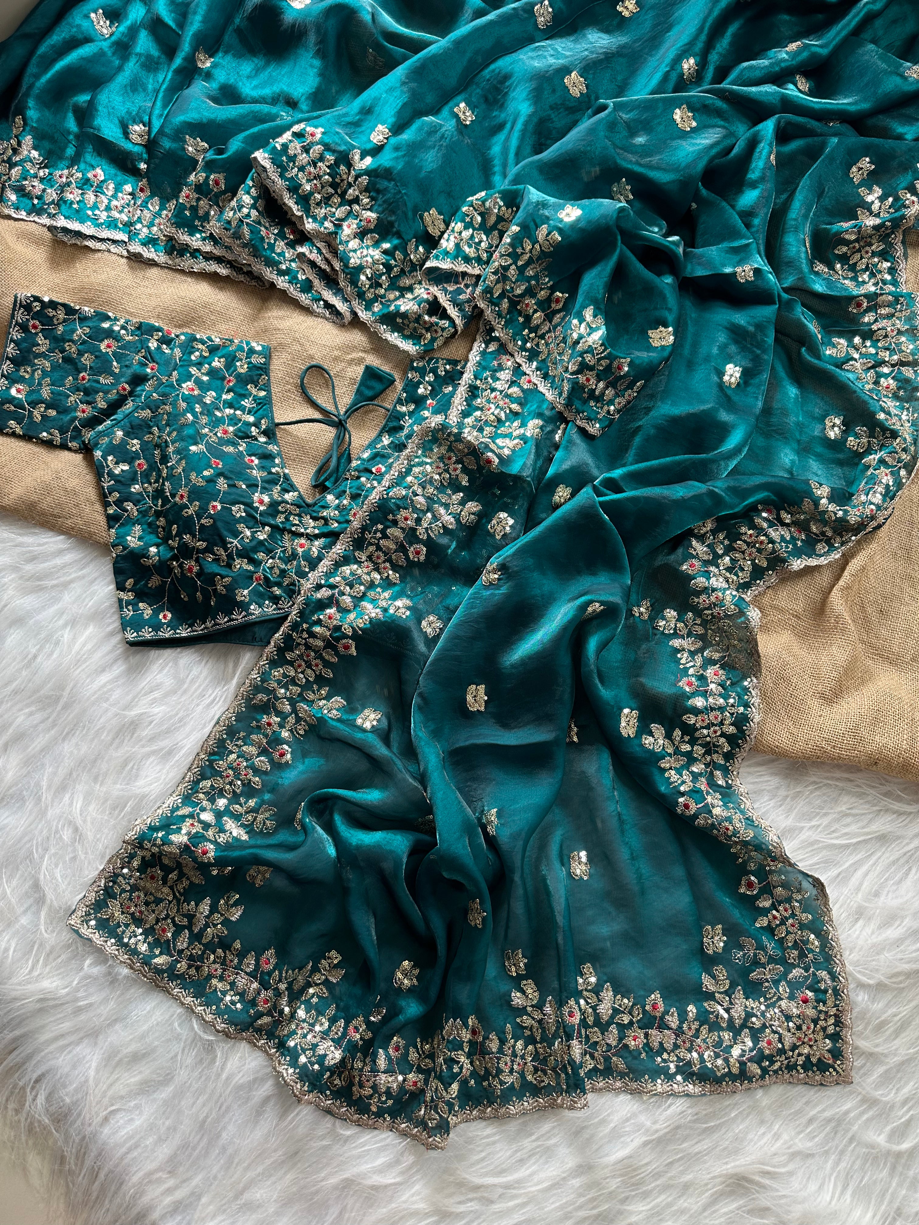 Glossy Wedding Wear Silk Embroidery n Sequence Work Arco Border Saree With Stitched Blouse