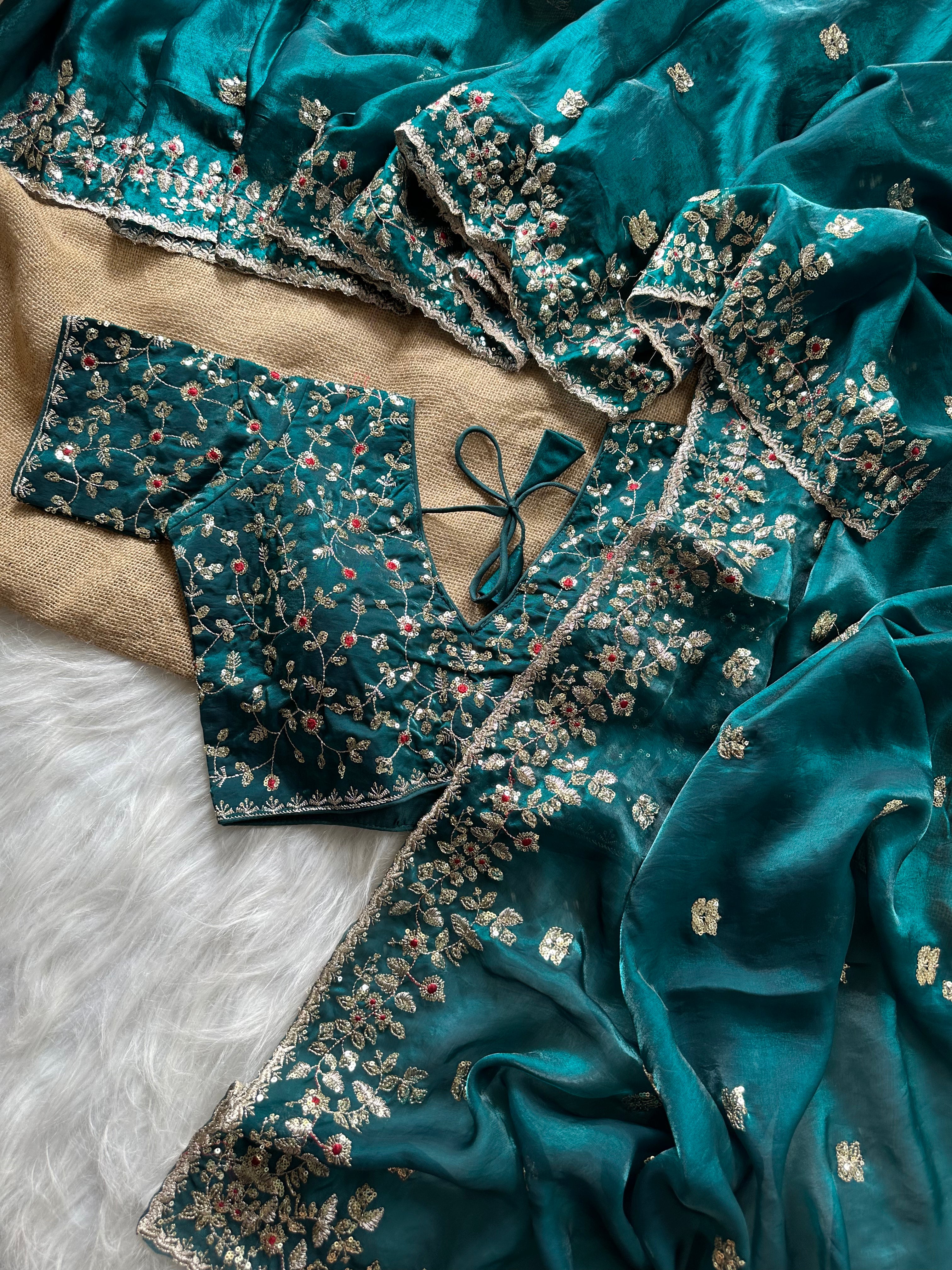 Glossy Wedding Wear Silk Embroidery n Sequence Work Arco Border Saree With Stitched Blouse
