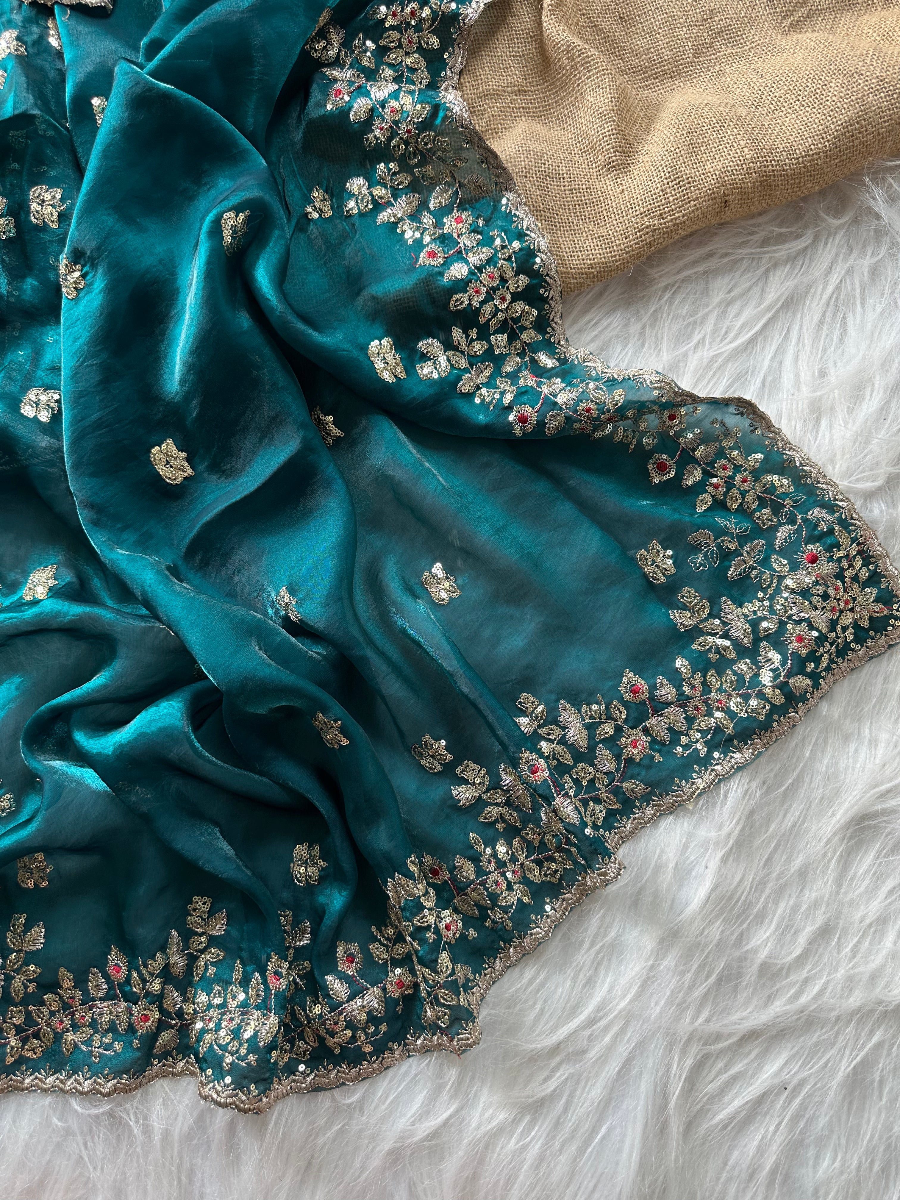 Glossy Wedding Wear Silk Embroidery n Sequence Work Arco Border Saree With Stitched Blouse