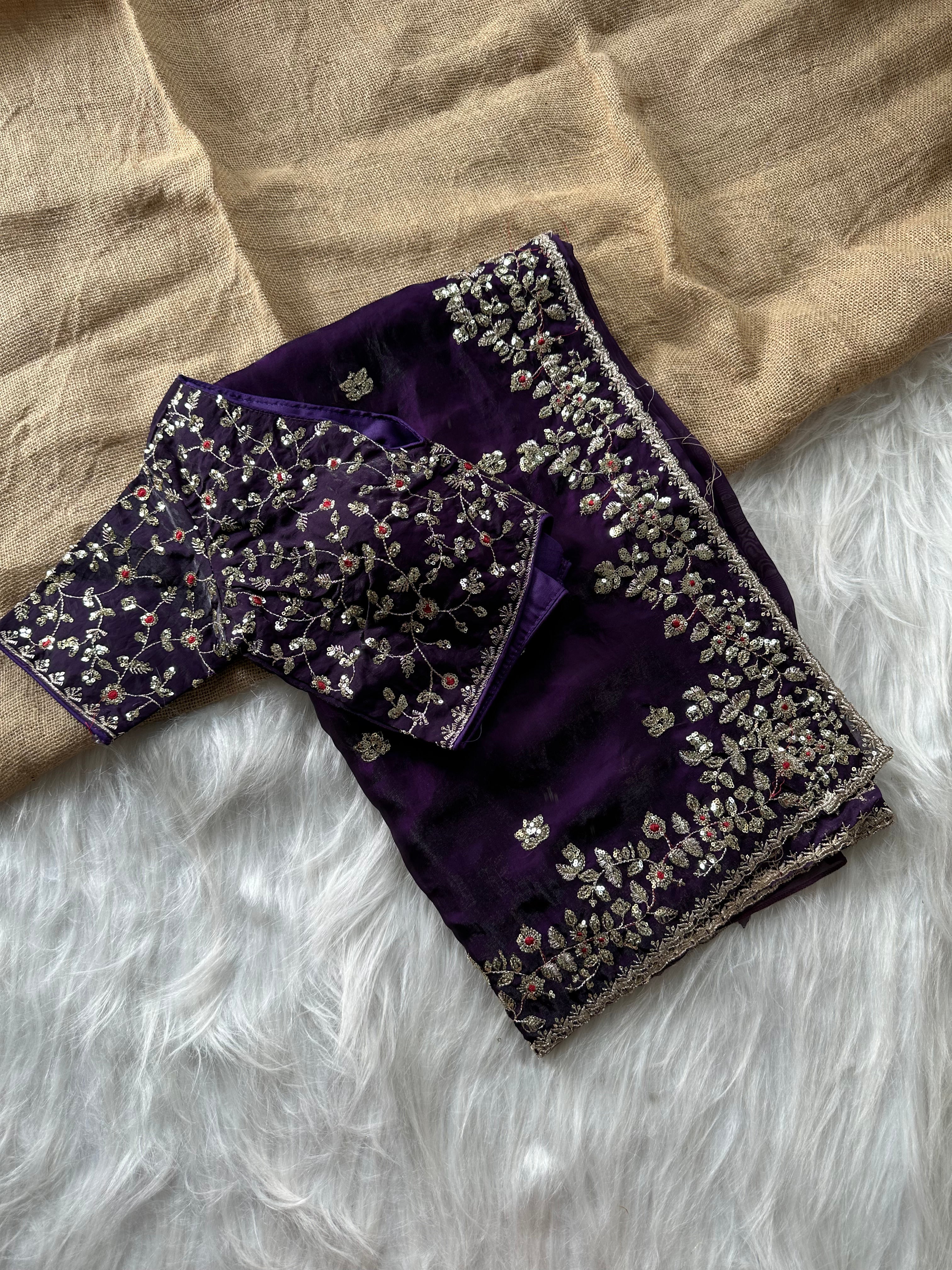 Glossy Wedding Wear Silk Embroidery n Sequence Work Arco Border Saree With Stitched Blouse