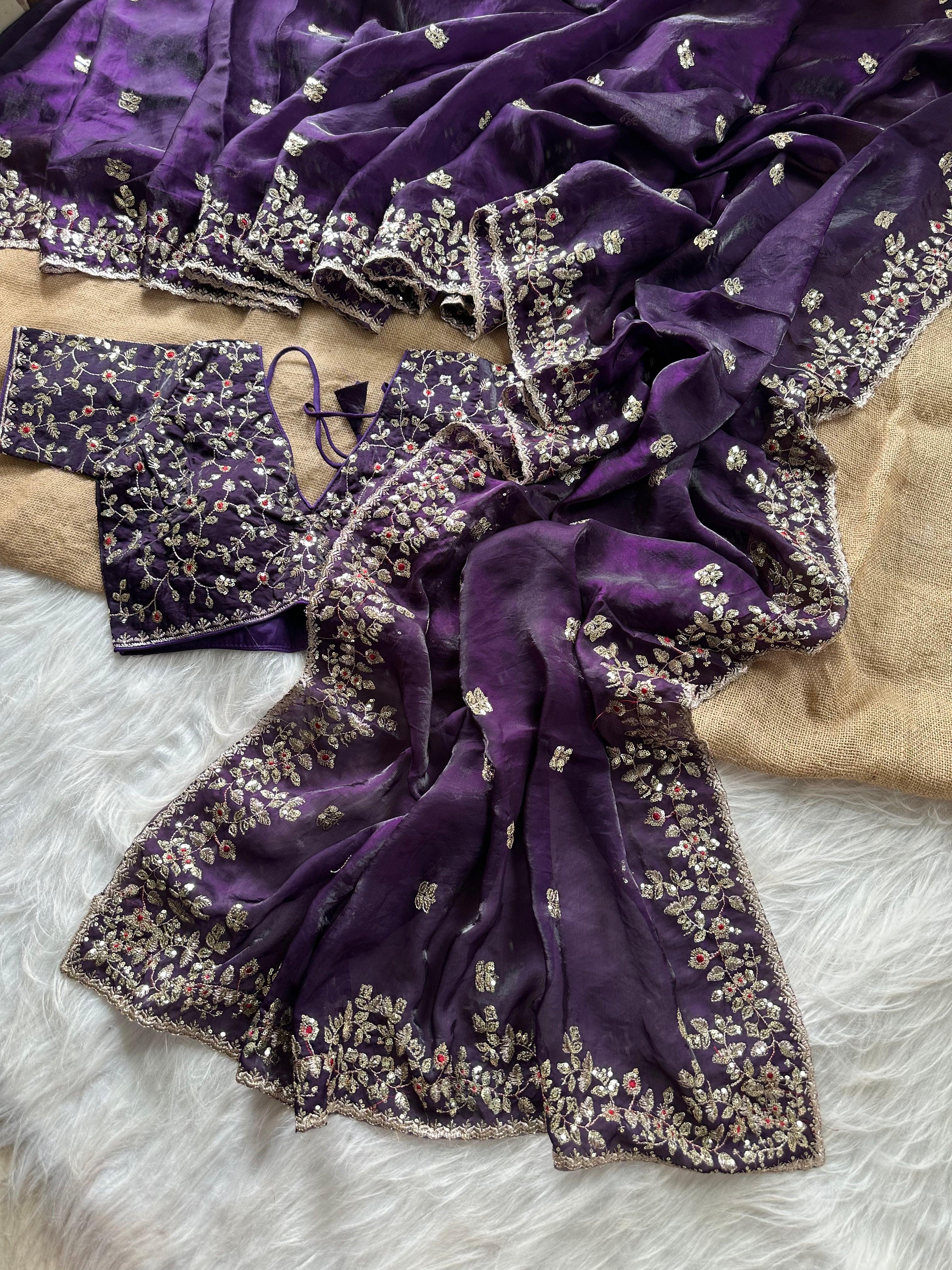 Glossy Wedding Wear Silk Embroidery n Sequence Work Arco Border Saree With Stitched Blouse