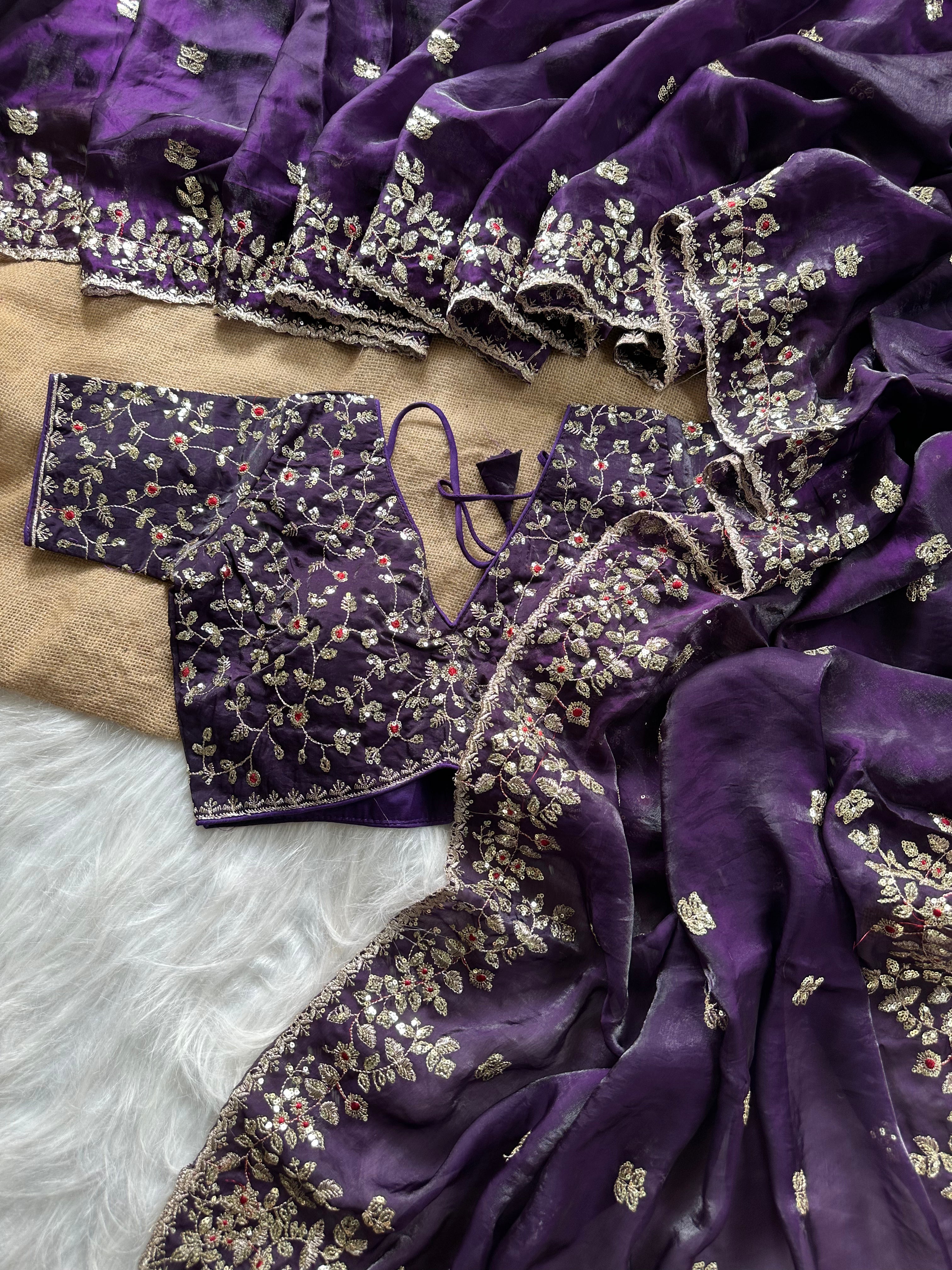 Glossy Wedding Wear Silk Embroidery n Sequence Work Arco Border Saree With Stitched Blouse