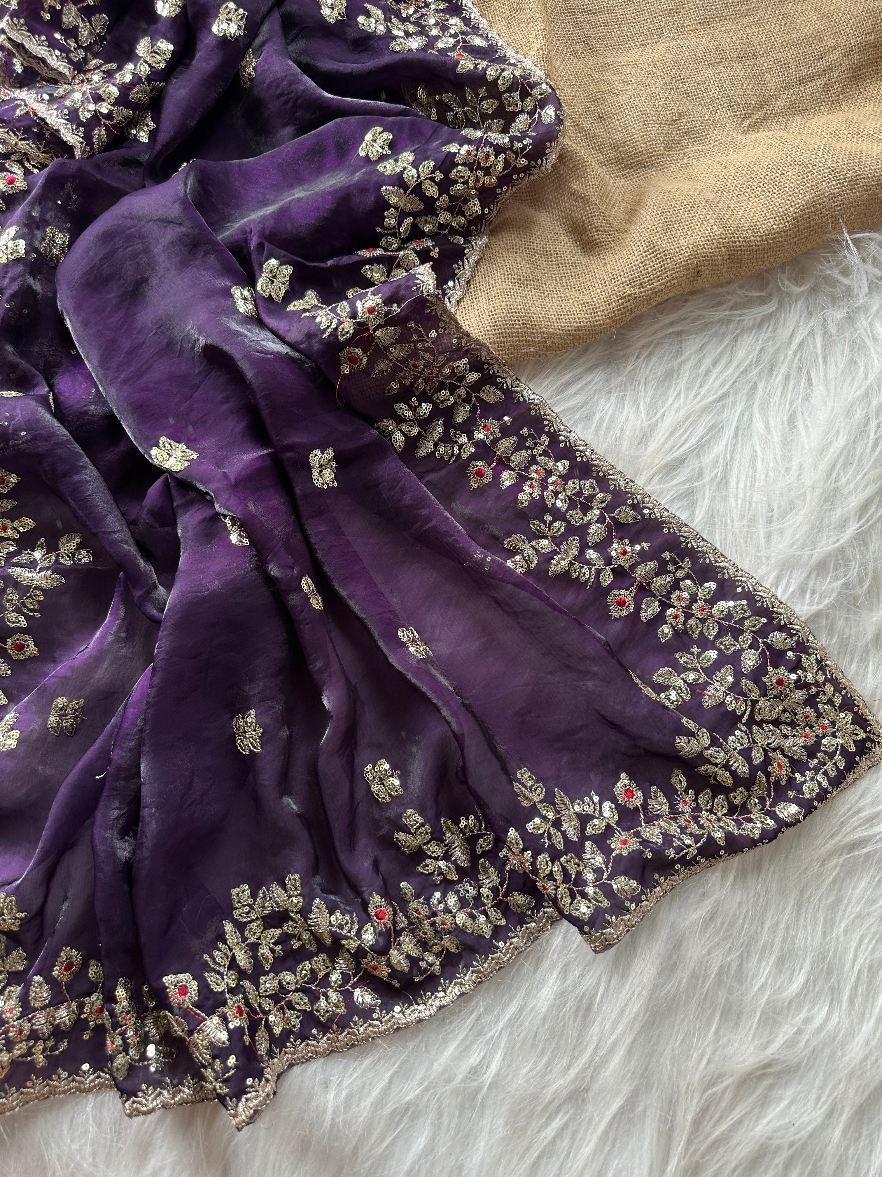 Glossy Wedding Wear Silk Embroidery n Sequence Work Arco Border Saree With Stitched Blouse