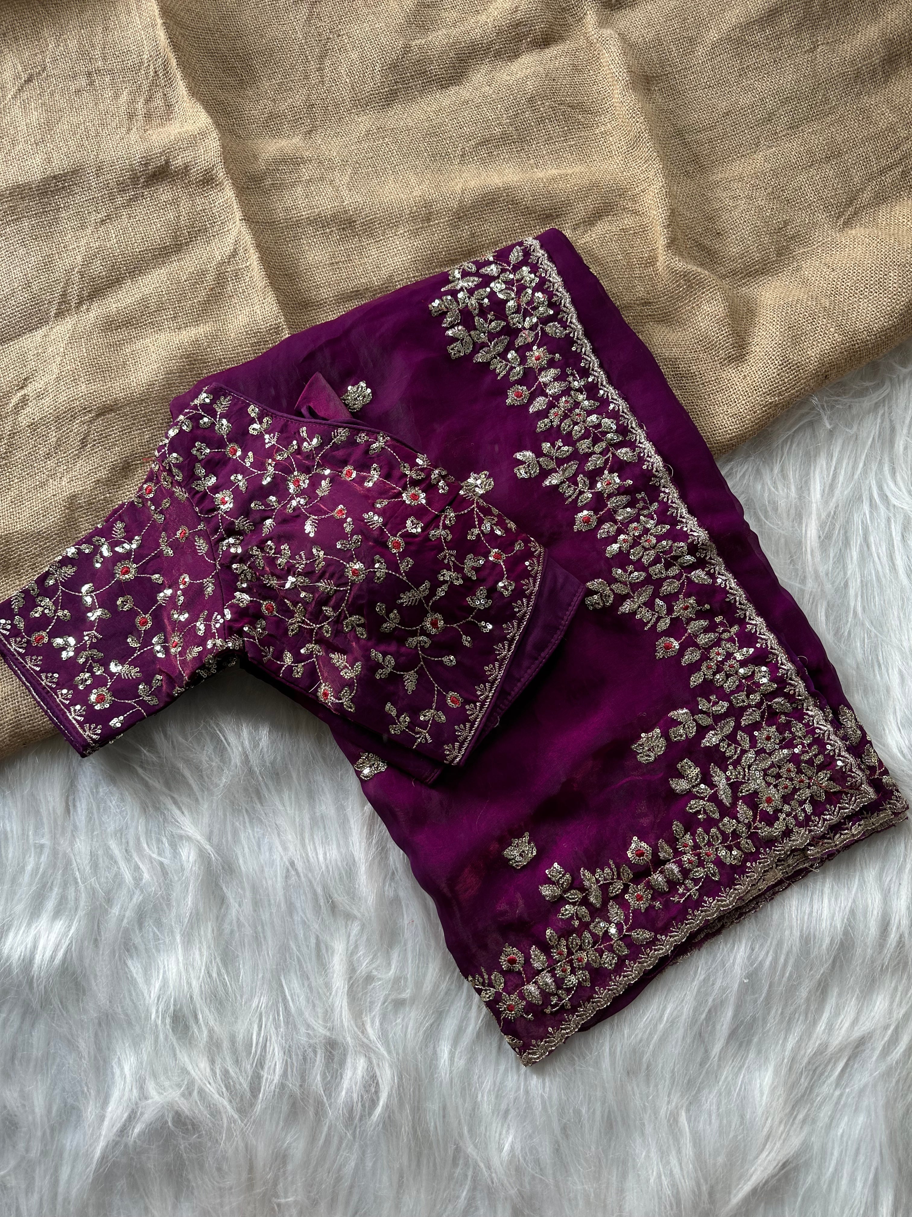 Glossy Wedding Wear Silk Embroidery n Sequence Work Arco Border Saree With Stitched Blouse