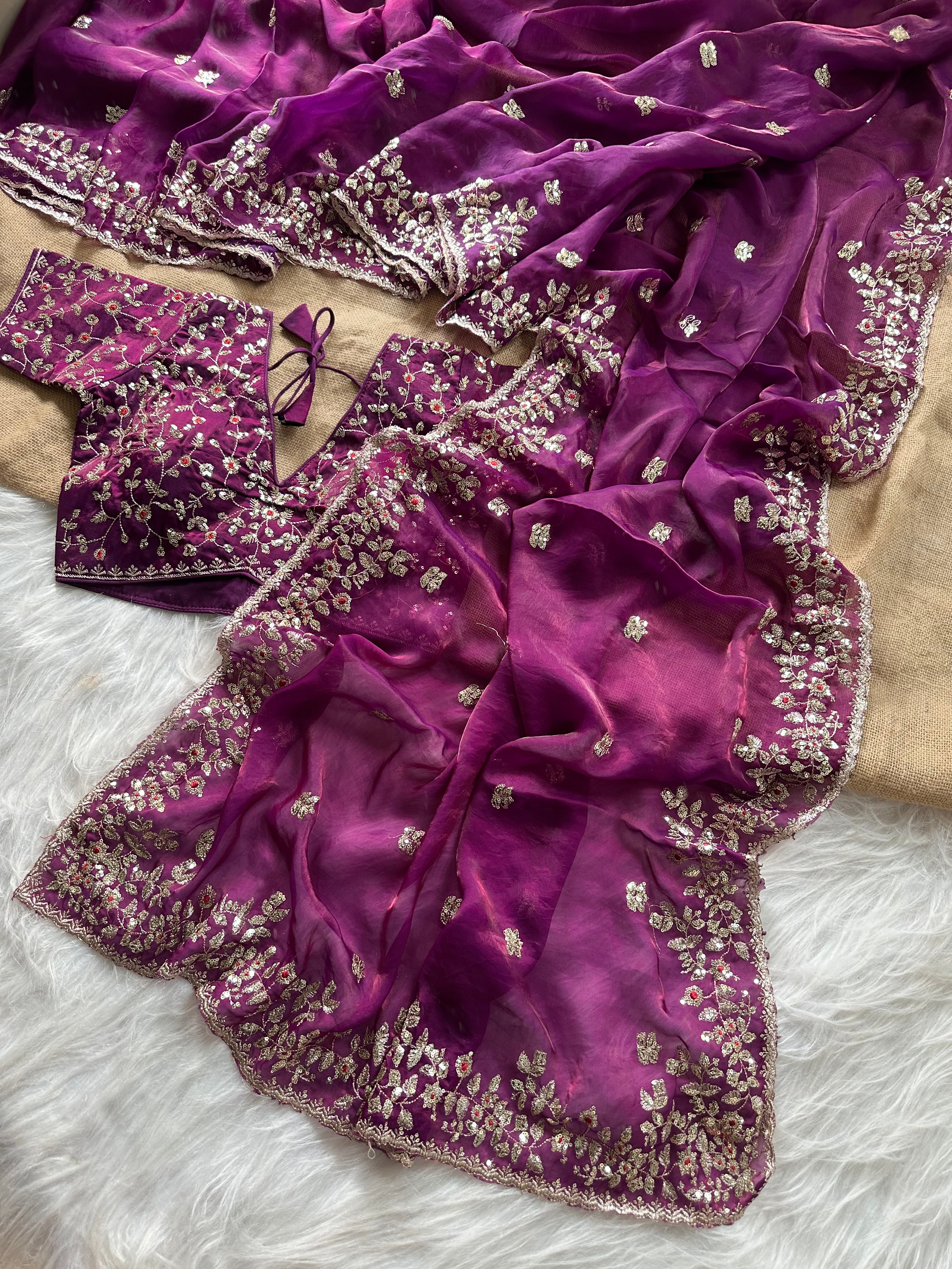 Glossy Wedding Wear Silk Embroidery n Sequence Work Arco Border Saree With Stitched Blouse