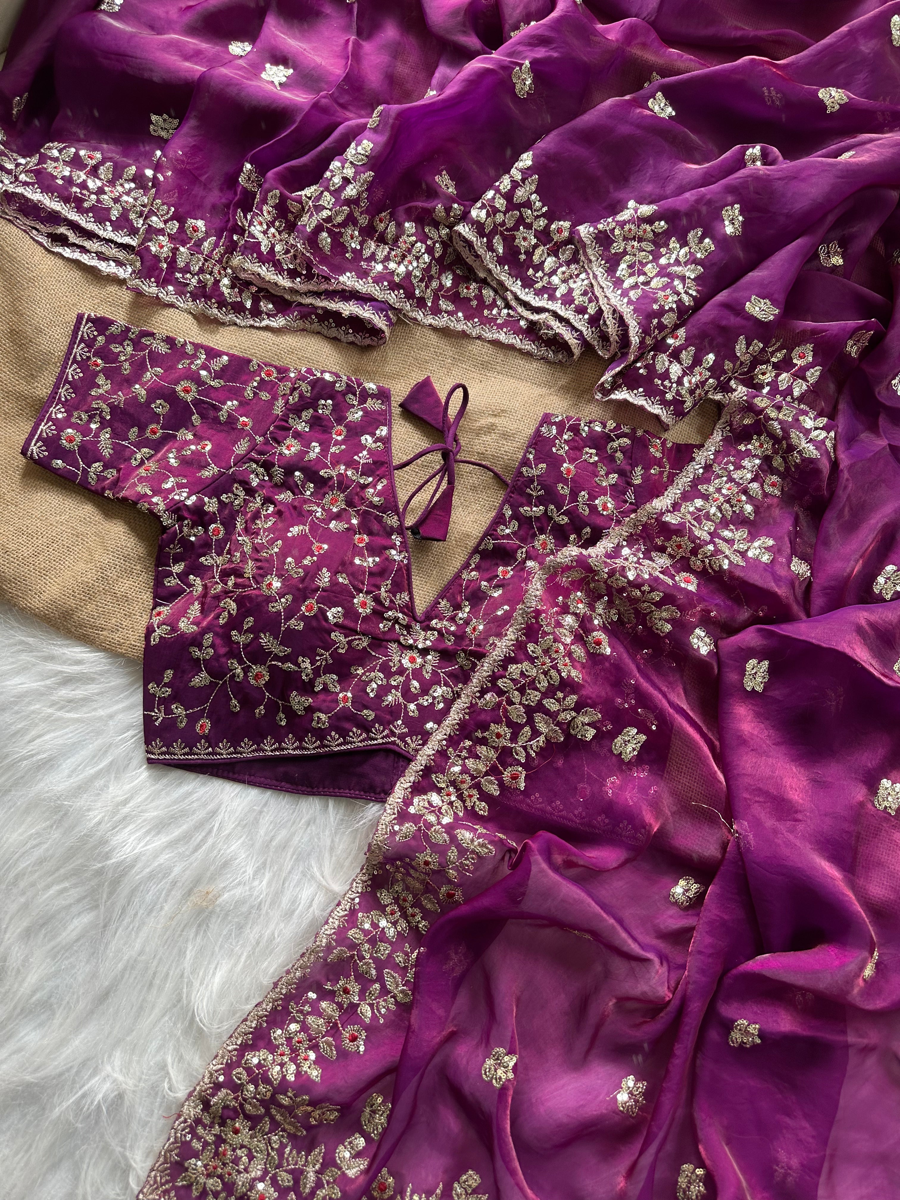 Glossy Wedding Wear Silk Embroidery n Sequence Work Arco Border Saree With Stitched Blouse