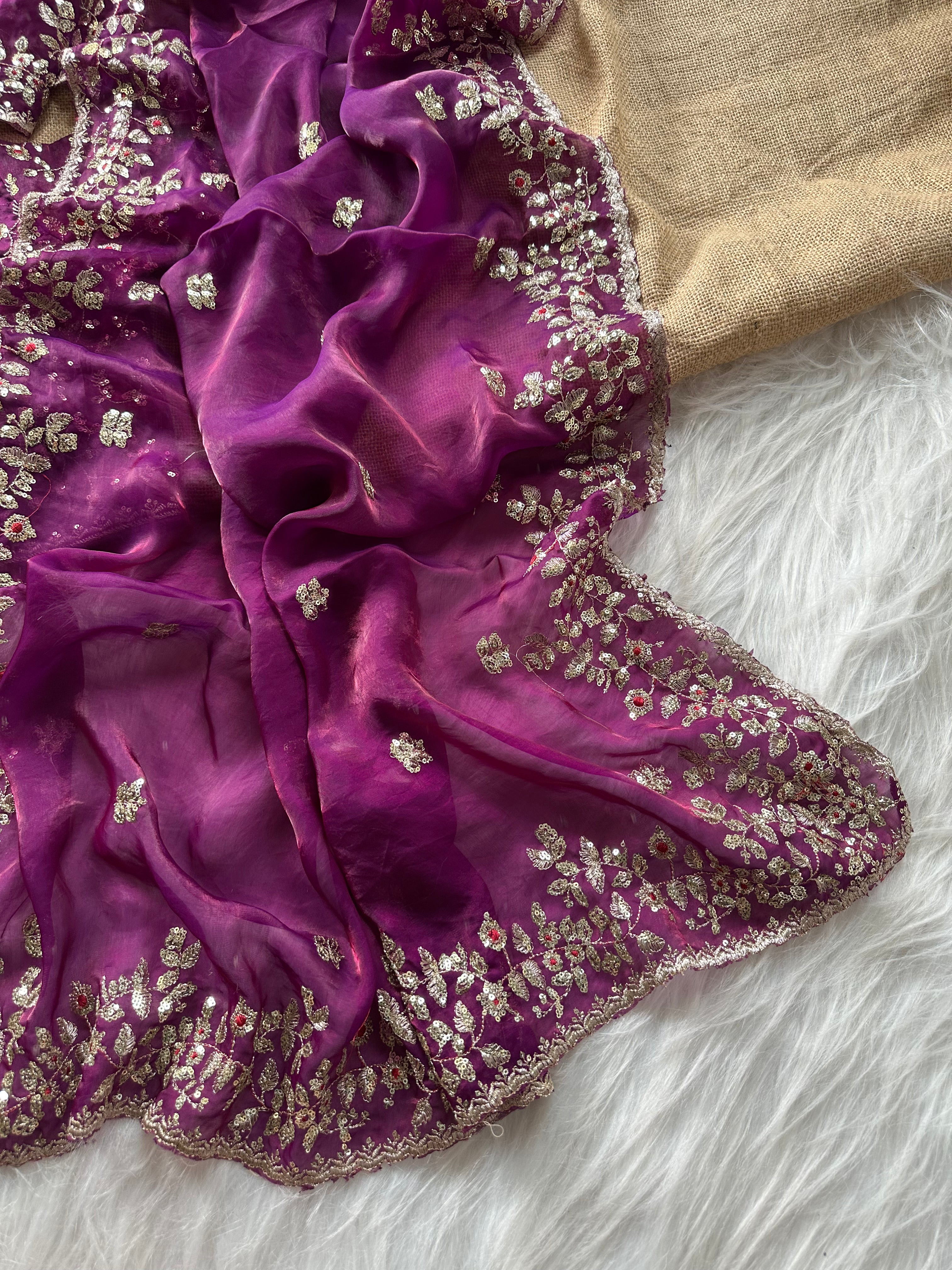 Glossy Wedding Wear Silk Embroidery n Sequence Work Arco Border Saree With Stitched Blouse