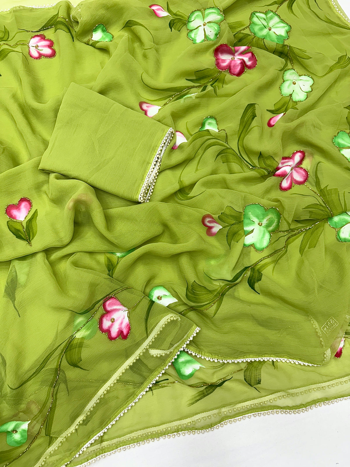 Exuberant Party Wear Pure Chiffon Silk Handbrush Flower n Handwork Designer Saree With Blouse Piece