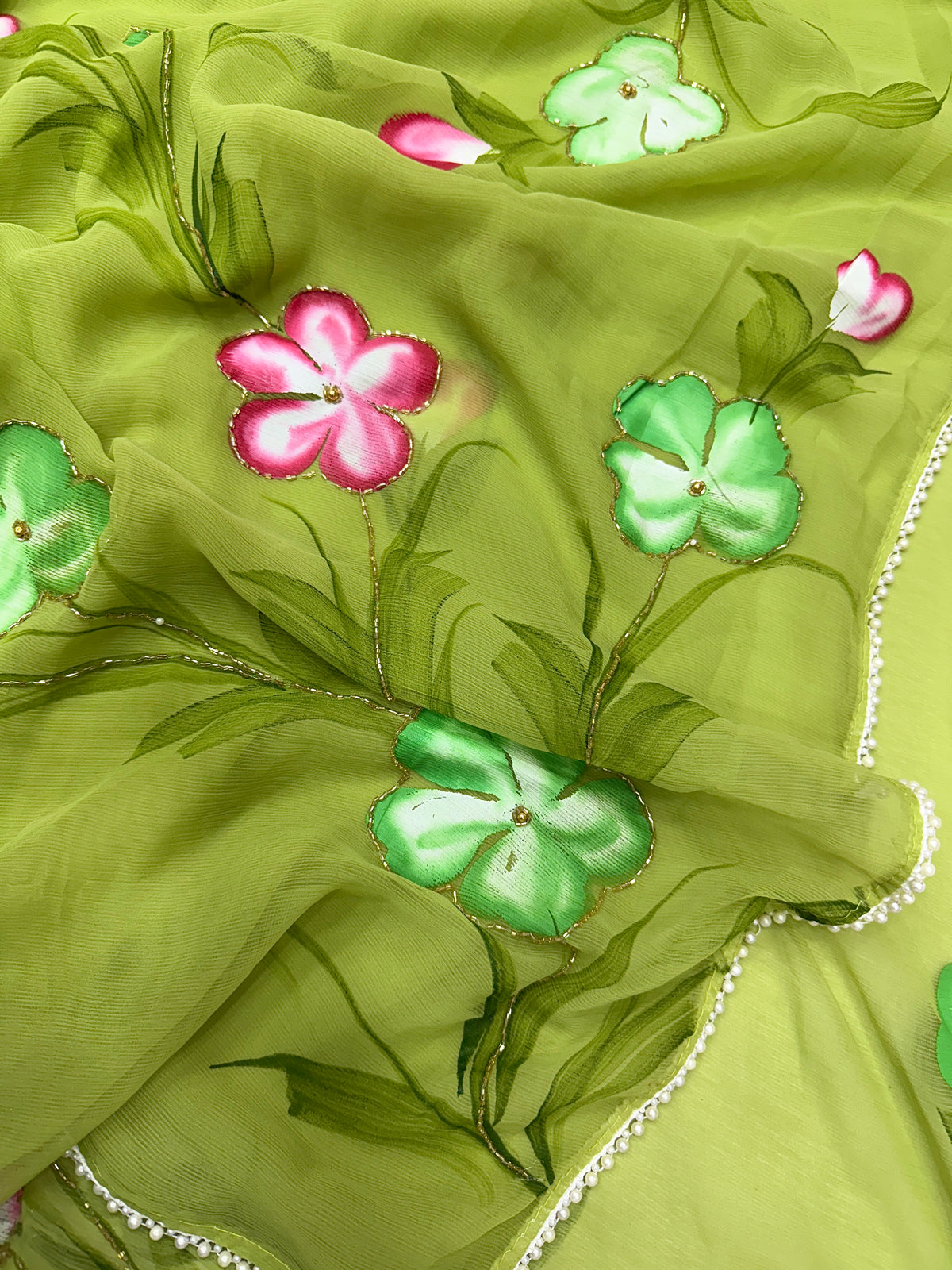 Exuberant Party Wear Pure Chiffon Silk Handbrush Flower n Handwork Designer Saree With Blouse Piece