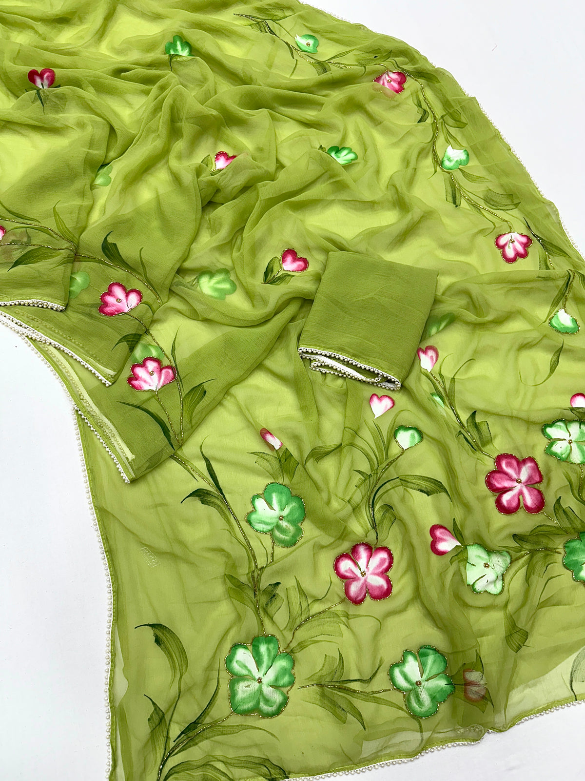 Exuberant Party Wear Pure Chiffon Silk Handbrush Flower n Handwork Designer Saree With Blouse Piece