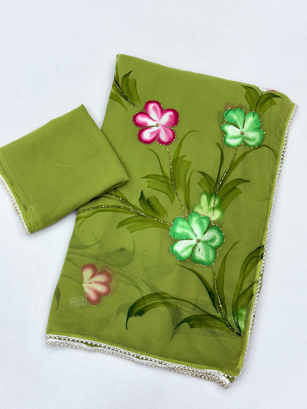 Exuberant Party Wear Pure Chiffon Silk Handbrush Flower n Handwork Designer Saree With Blouse Piece