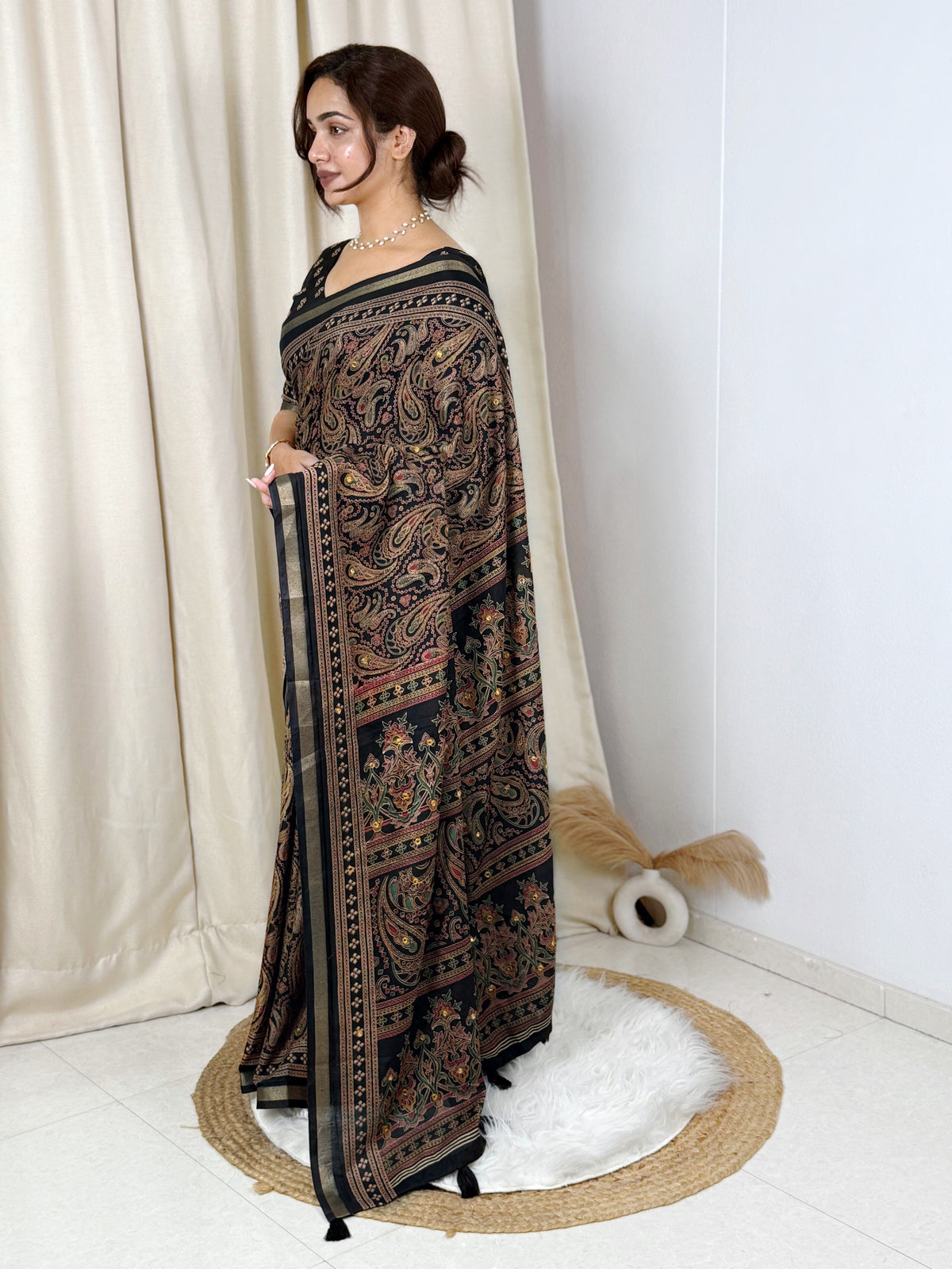 Unequalled Pure Mul Cotton Ajrakh Print With Mirror Work Fancy Designer Saree With Bucolic Blouse Piece