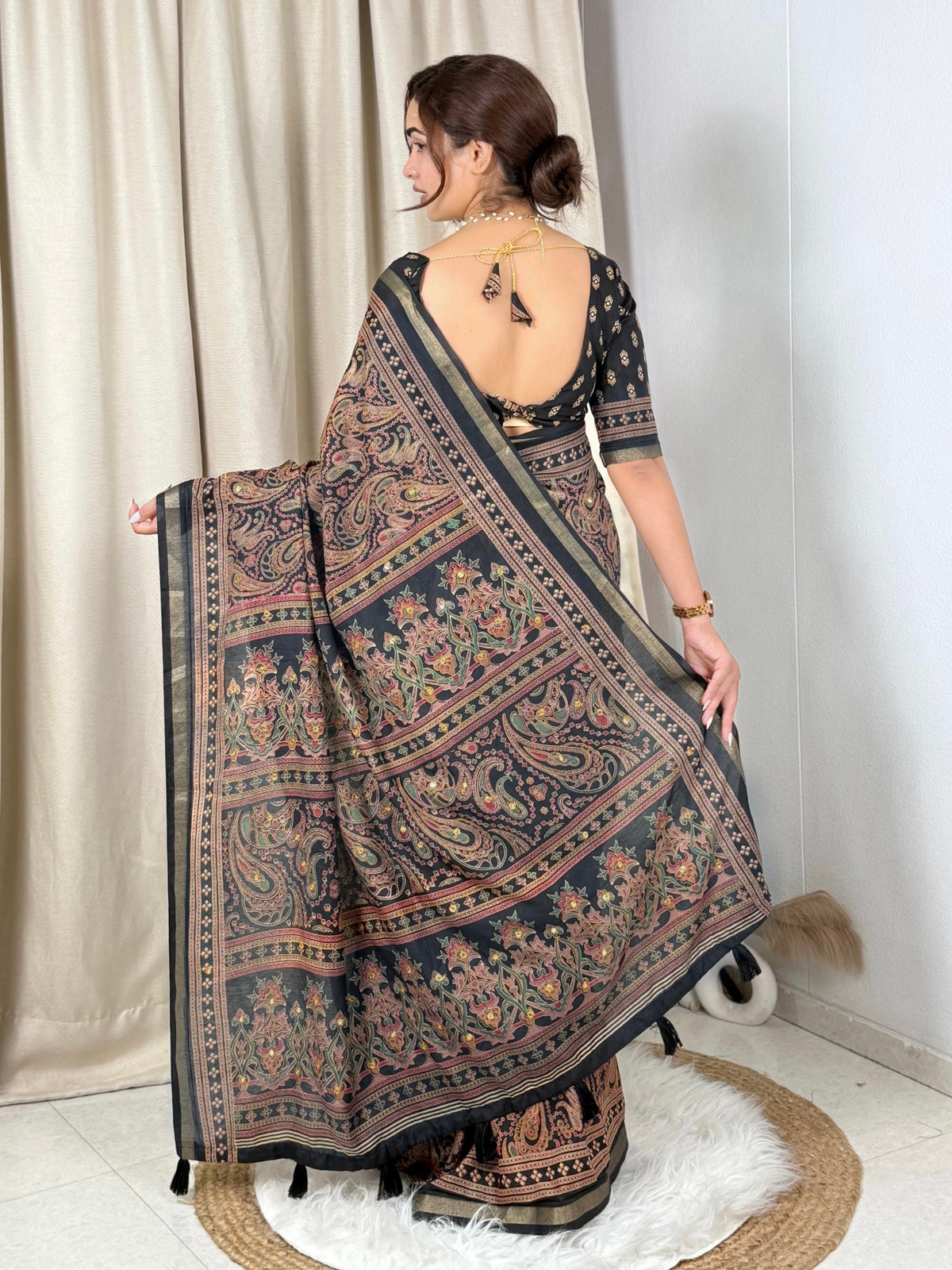 Unequalled Pure Mul Cotton Ajrakh Print With Mirror Work Fancy Designer Saree With Bucolic Blouse Piece