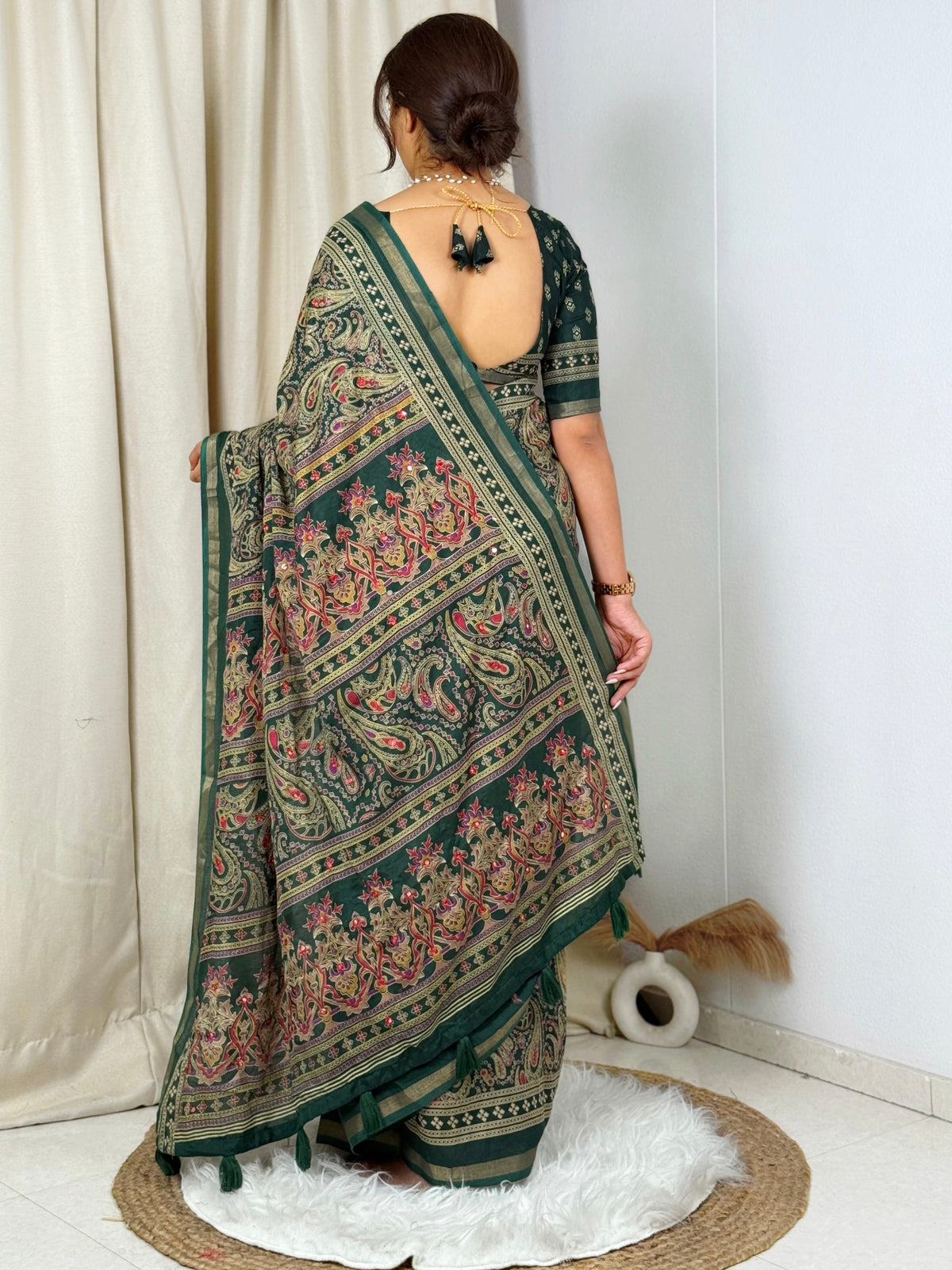 Unequalled Pure Mul Cotton Ajrakh Print With Mirror Work Fancy Designer Saree With Bucolic Blouse Piece