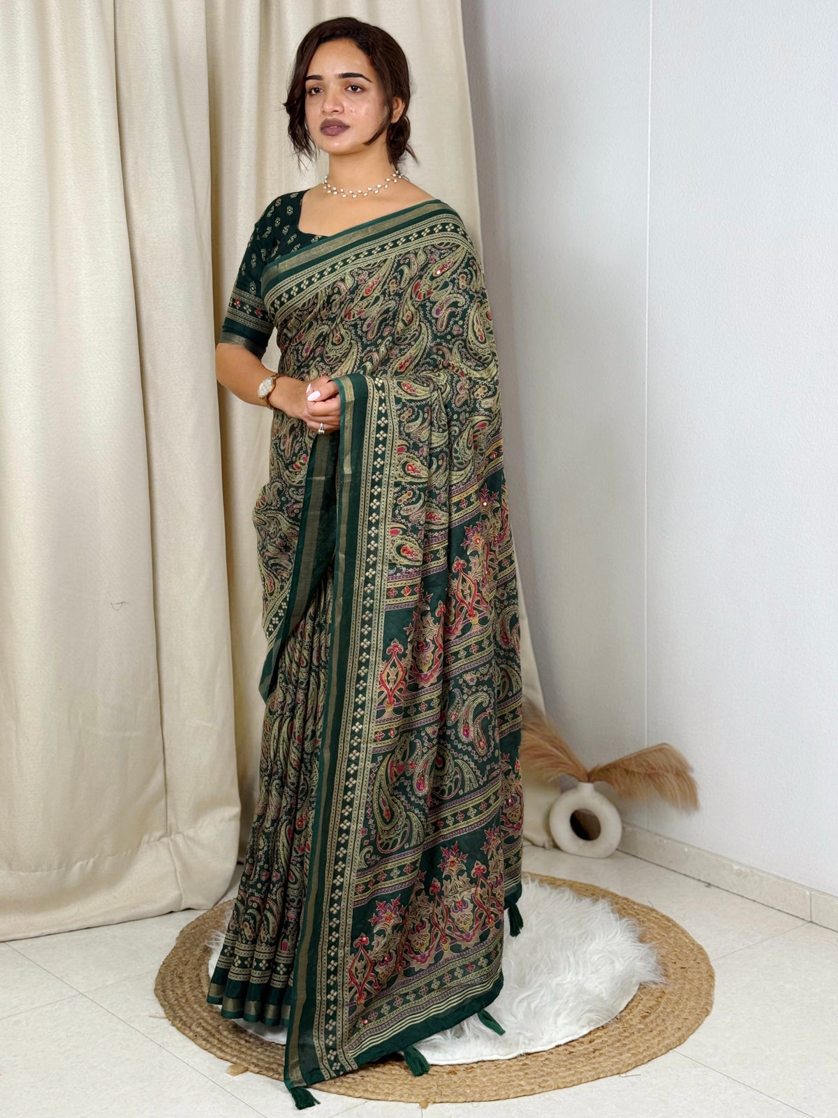 Unequalled Pure Mul Cotton Ajrakh Print With Mirror Work Fancy Designer Saree With Bucolic Blouse Piece