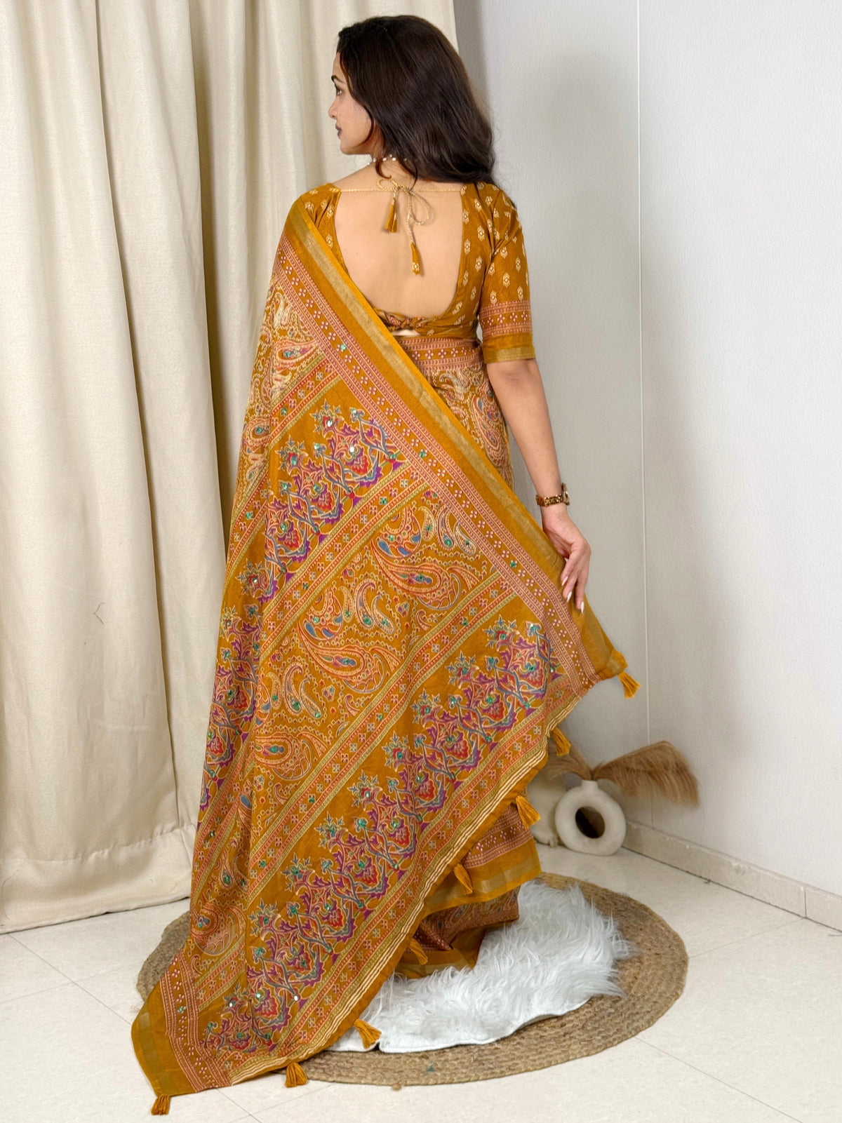 Unequalled Pure Mul Cotton Ajrakh Print With Mirror Work Fancy Designer Saree With Bucolic Blouse Piece