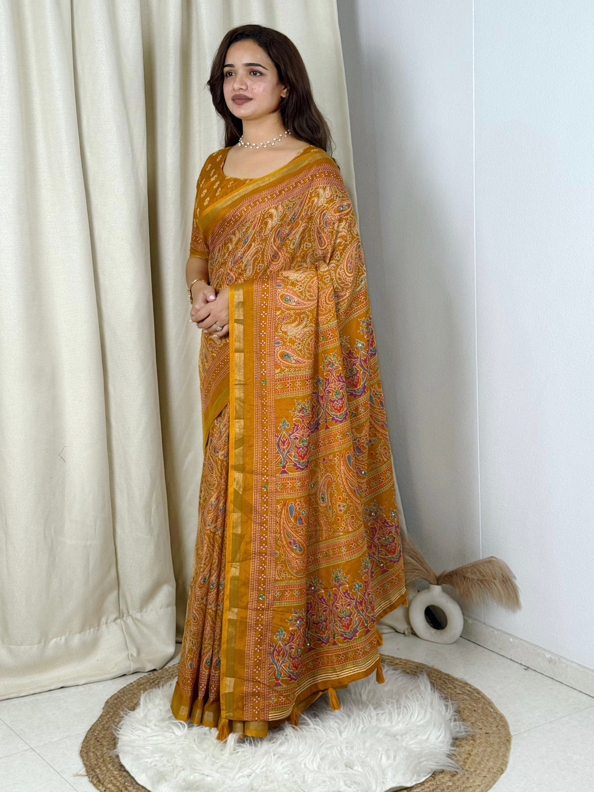 Unequalled Pure Mul Cotton Ajrakh Print With Mirror Work Fancy Designer Saree With Bucolic Blouse Piece