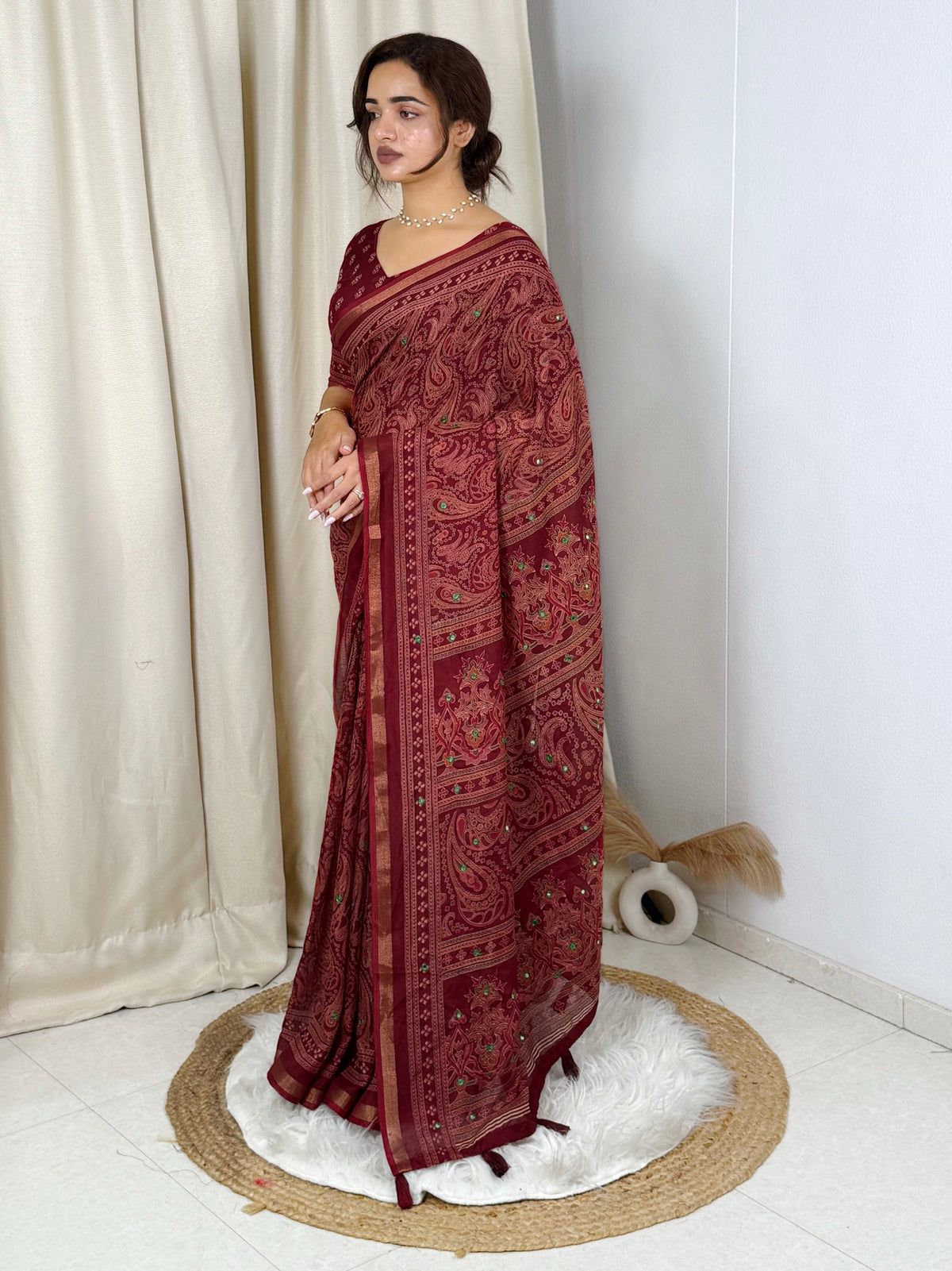 Unequalled Pure Mul Cotton Ajrakh Print With Mirror Work Fancy Designer Saree With Bucolic Blouse Piece