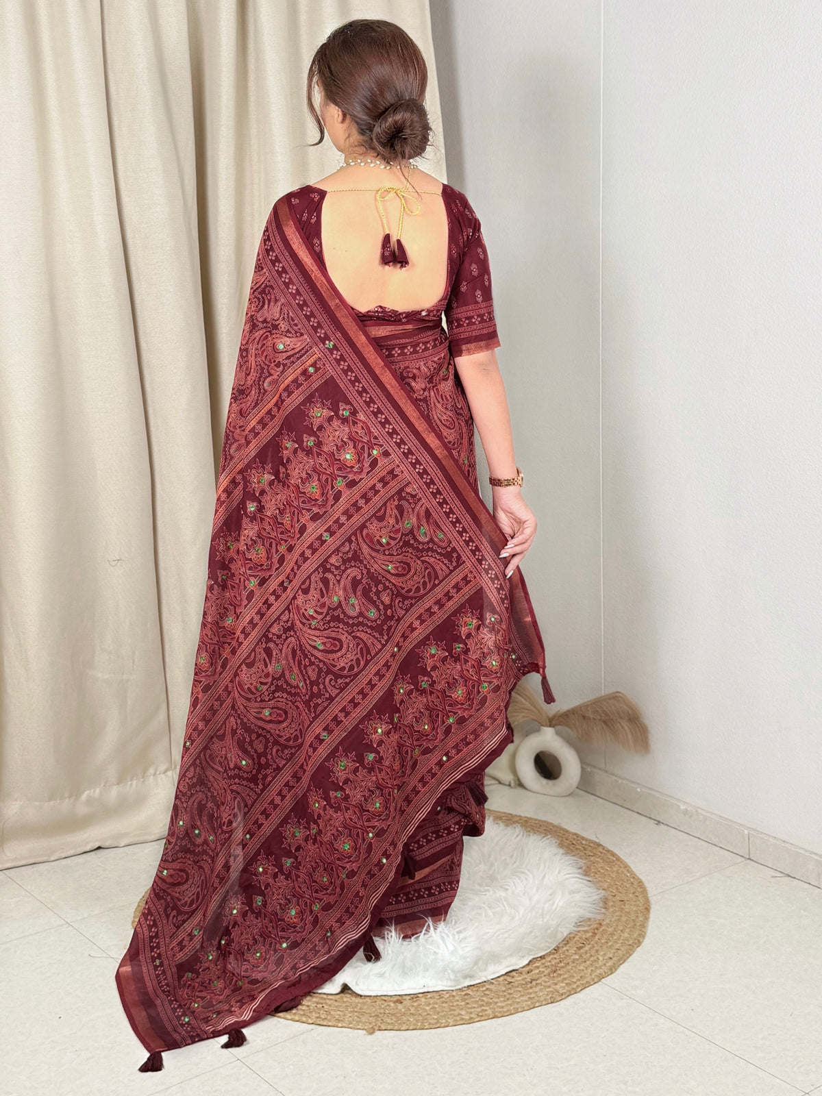 Unequalled Pure Mul Cotton Ajrakh Print With Mirror Work Fancy Designer Saree With Bucolic Blouse Piece