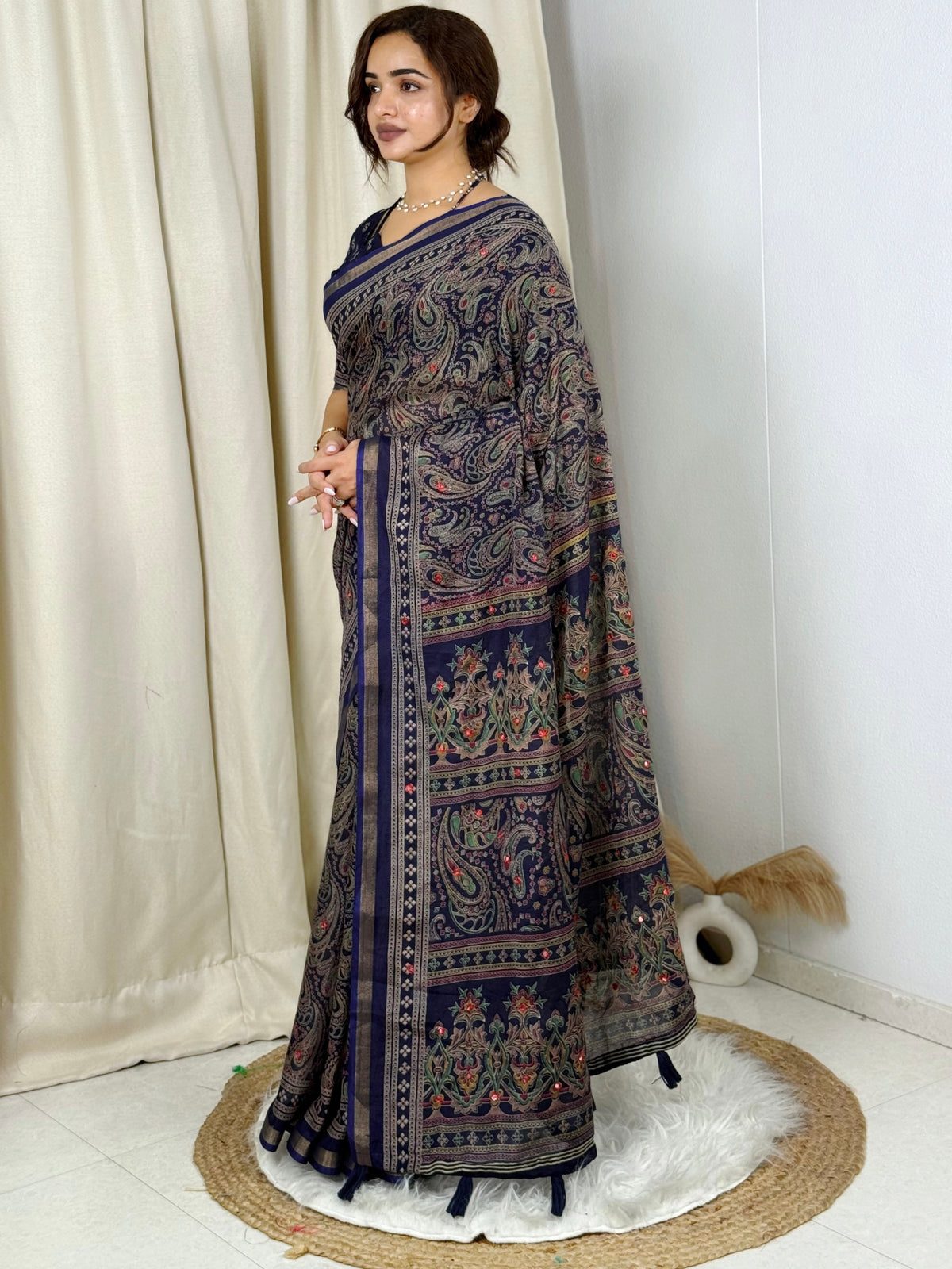 Unequalled Pure Mul Cotton Ajrakh Print With Mirror Work Fancy Designer Saree With Bucolic Blouse Piece