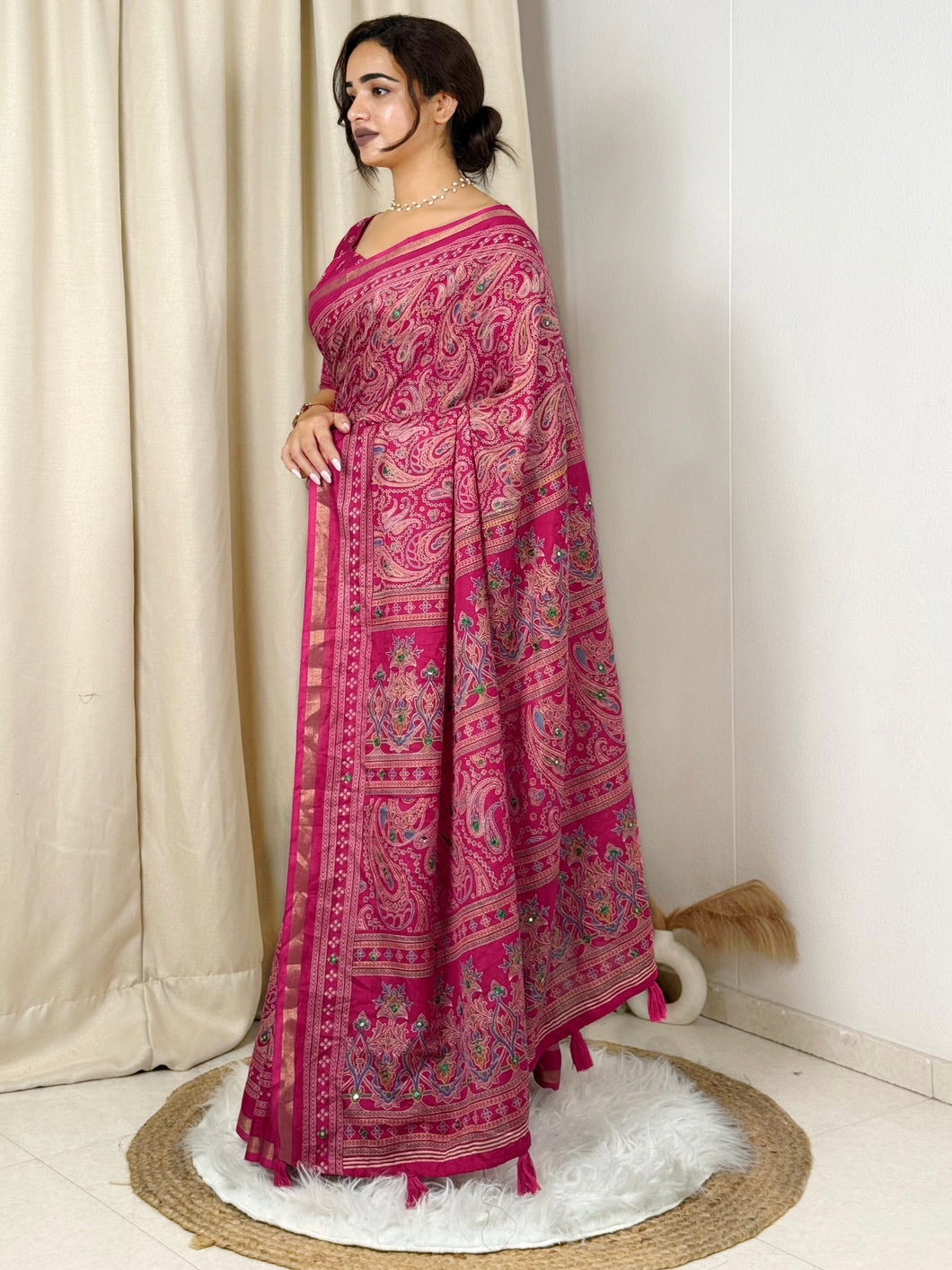 Unequalled Pure Mul Cotton Ajrakh Print With Mirror Work Fancy Designer Saree With Bucolic Blouse Piece