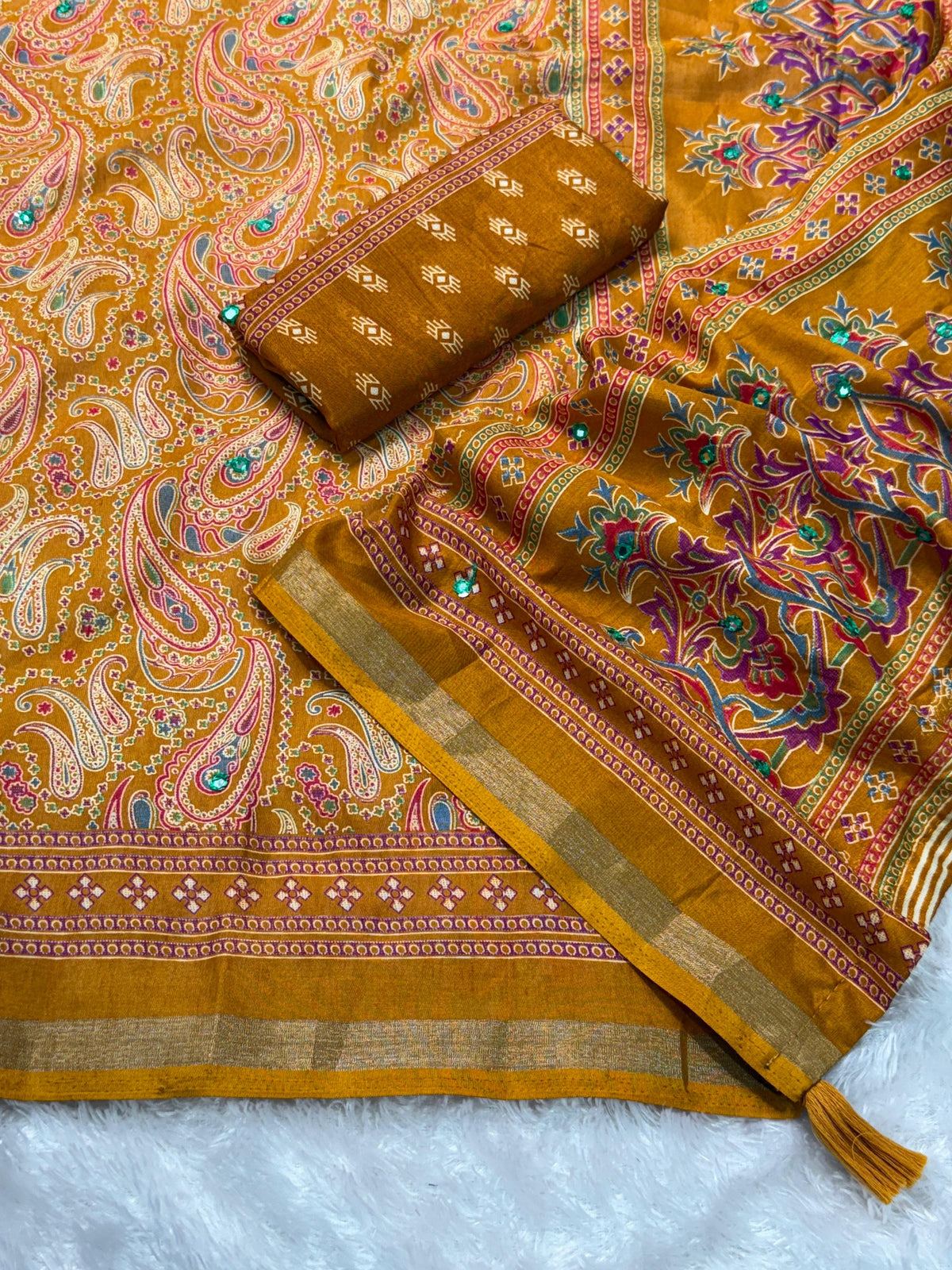 Unequalled Pure Mul Cotton Ajrakh Print With Mirror Work Fancy Designer Saree With Bucolic Blouse Piece