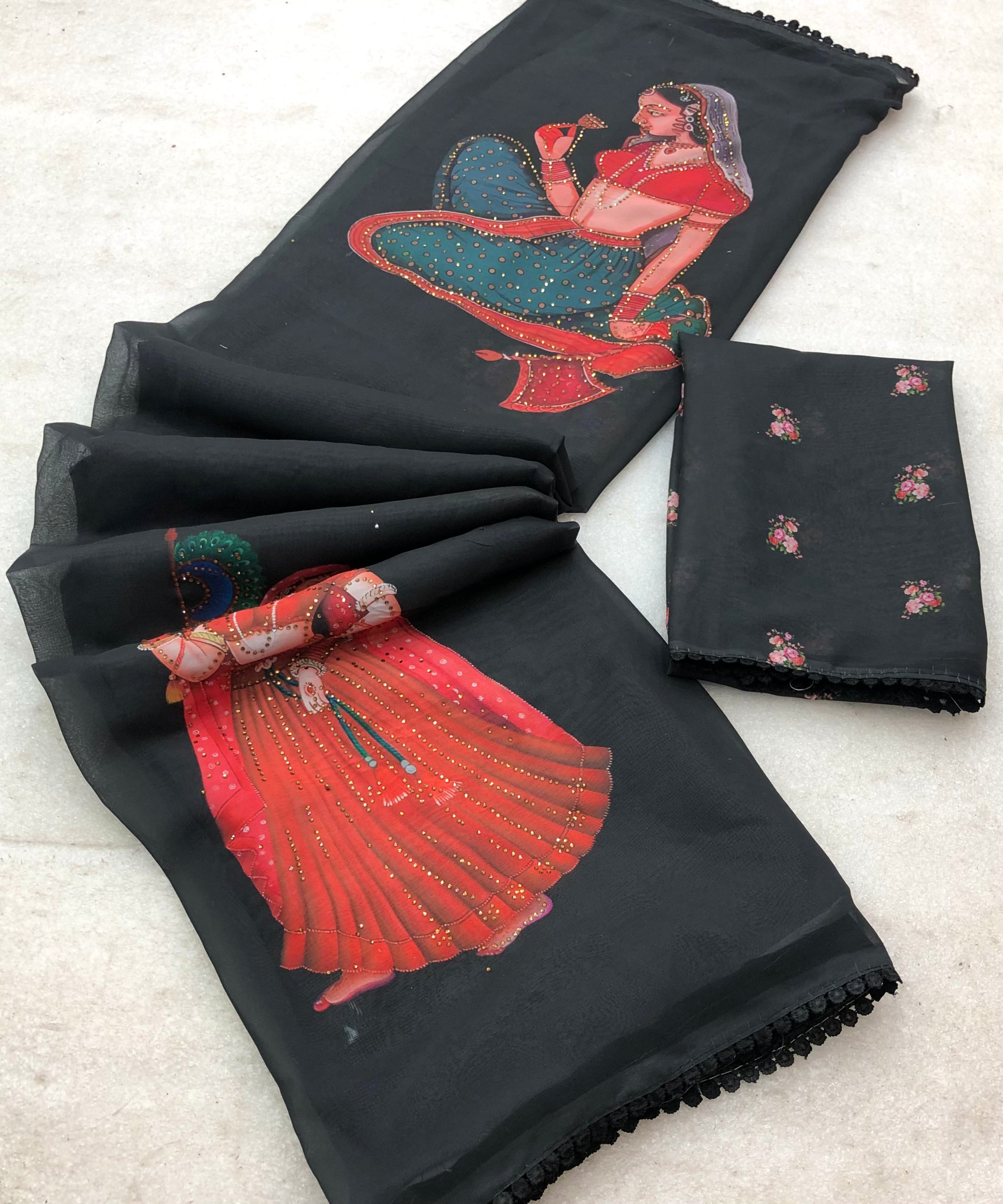 New Partywear Weightless Chiffon With Kalamkari Print n Siroski Work Fancy Designer Saree